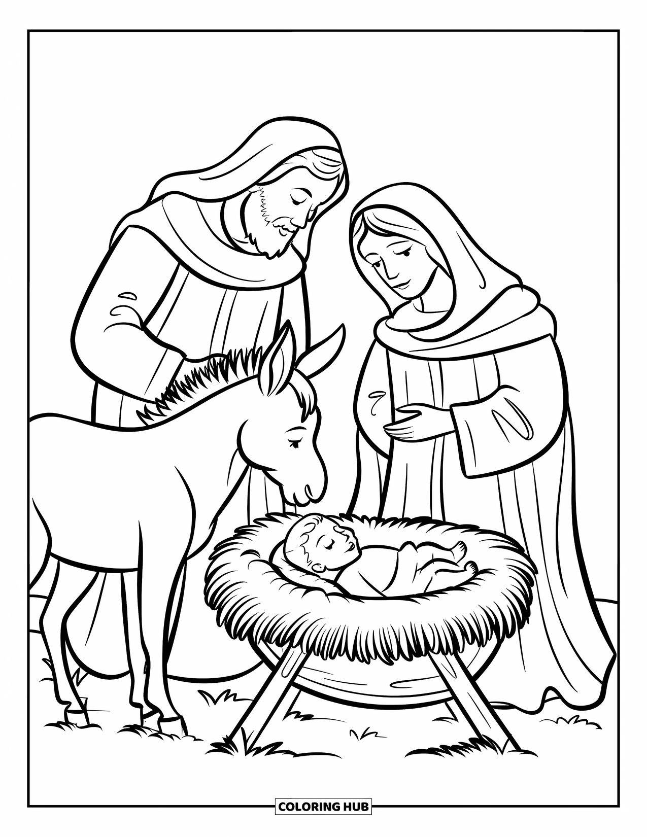 Nativity Coloring Page for Kids: Mary, Joseph, and baby Jesus sit peacefully near a friendly donkey