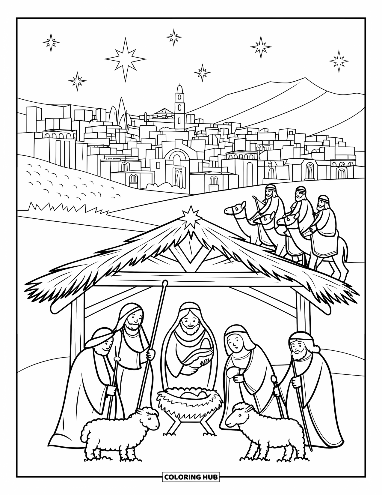 Nativity Coloring Page for Kids: Shepherds and wise men gather under the star as Bethlehem lights shimmer