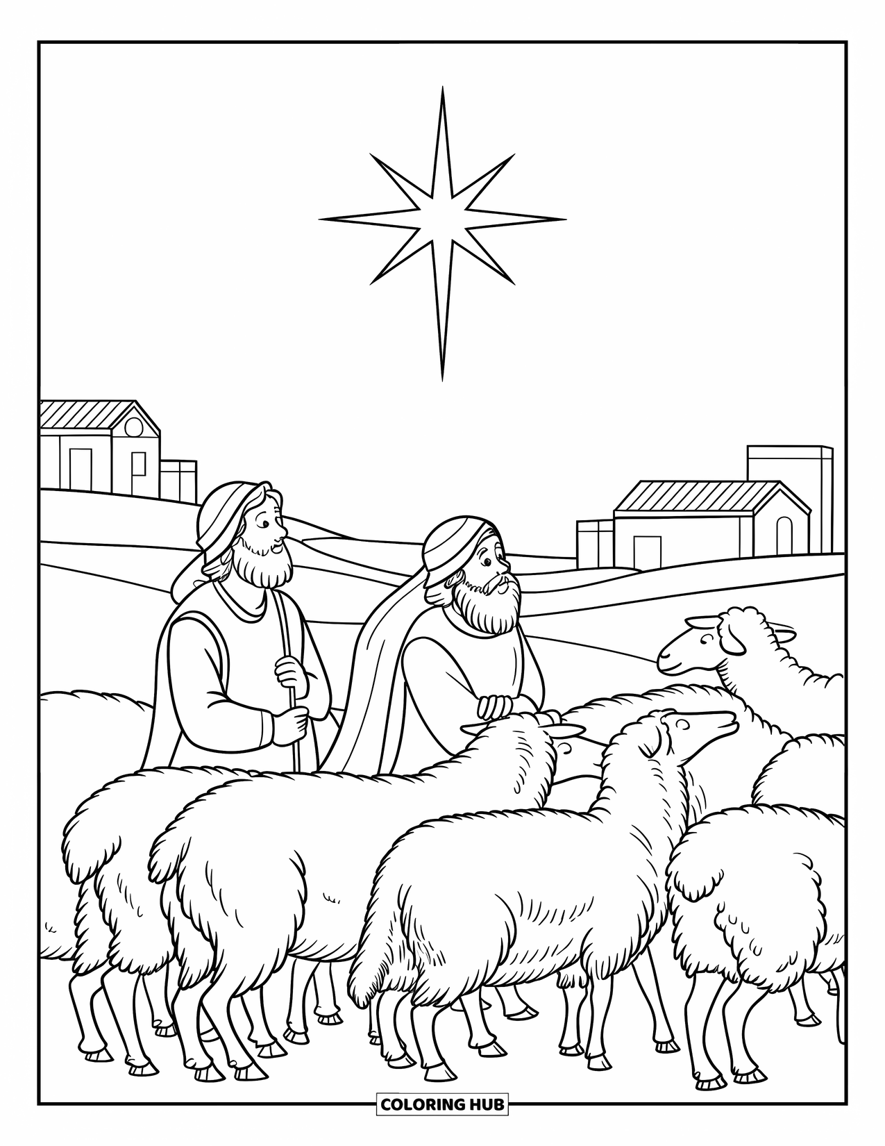 Nativity Coloring Page for Kids: Shepherds watch a bright star shining high above their sheep