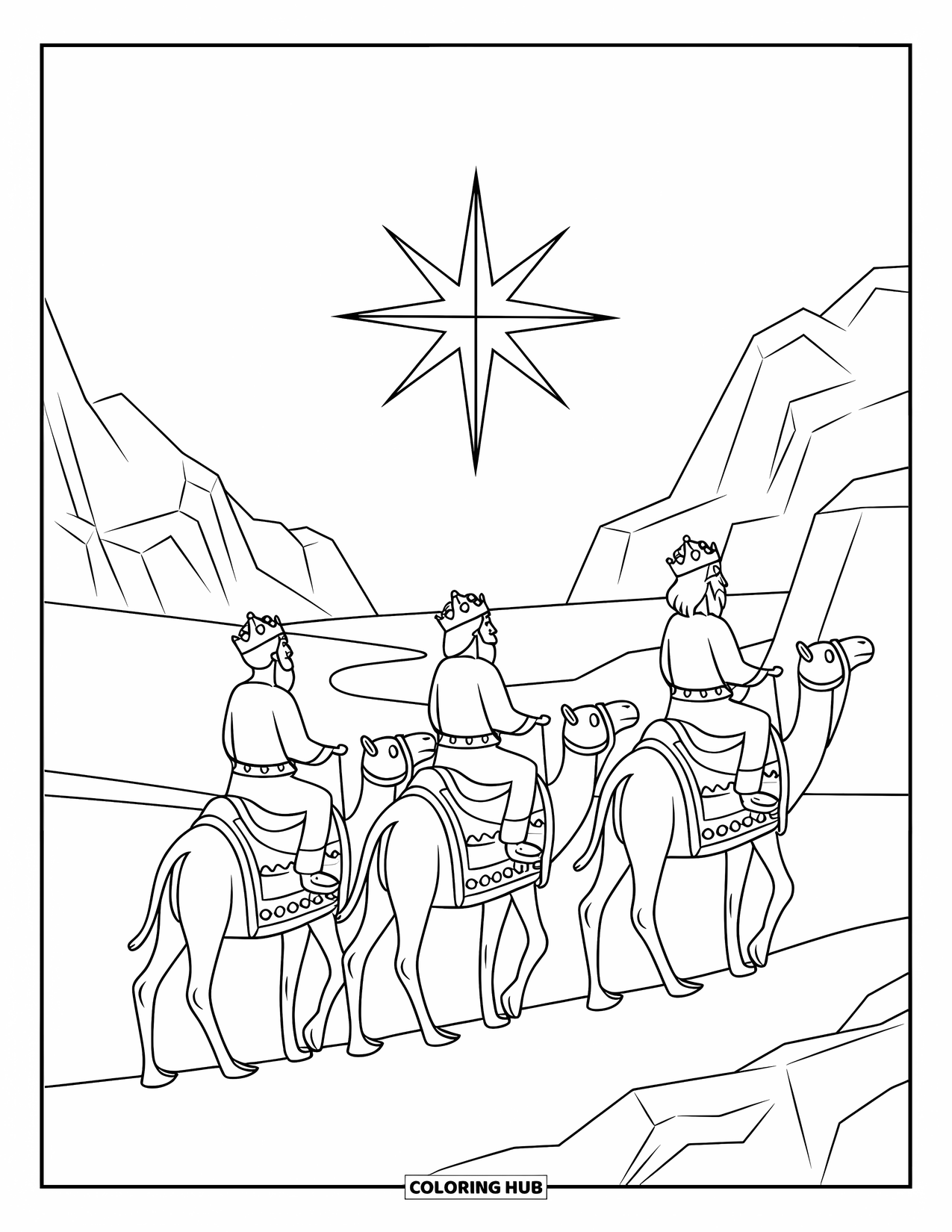 Nativity Coloring Page for Kids: Three kings ride camels across the desert following a glowing star