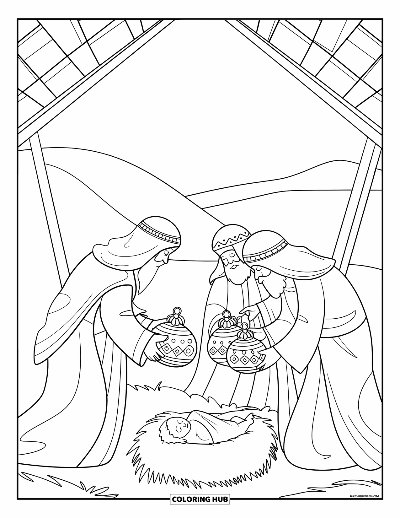 Nativity Coloring Page for Kids: Three wise men bring gifts to baby Jesus beneath a clear sky