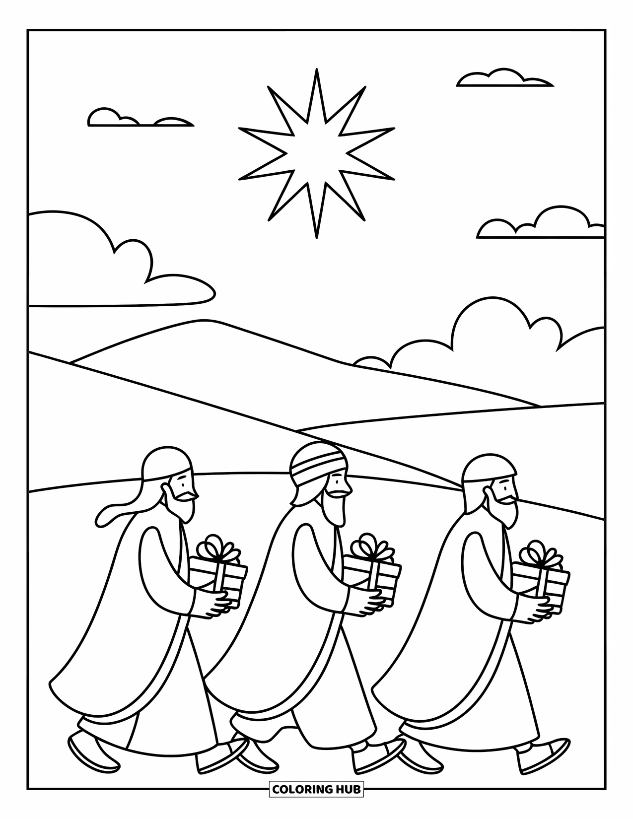 Nativity Coloring Page for Kids: Three wise men carry gifts under a big glowing star in the sky