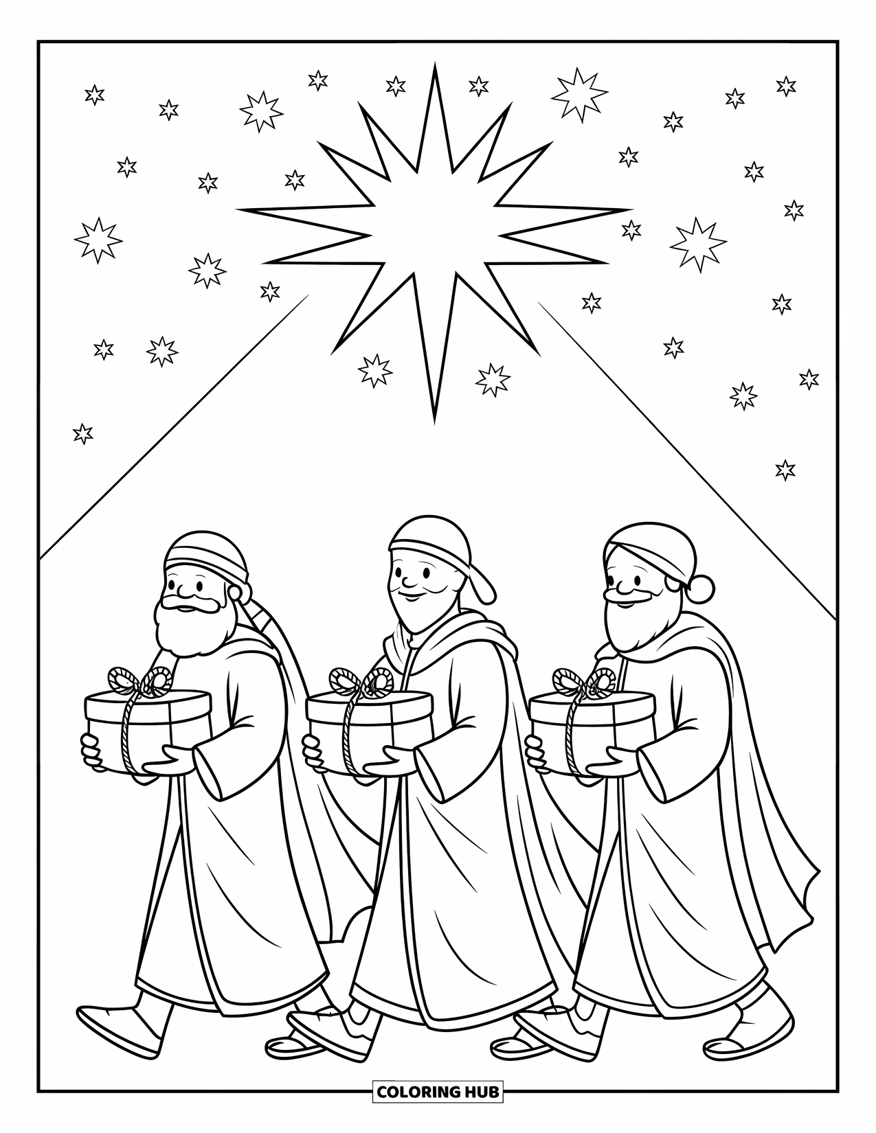Nativity Coloring Page for Kids: Three wise men follow a bright star across the peaceful night