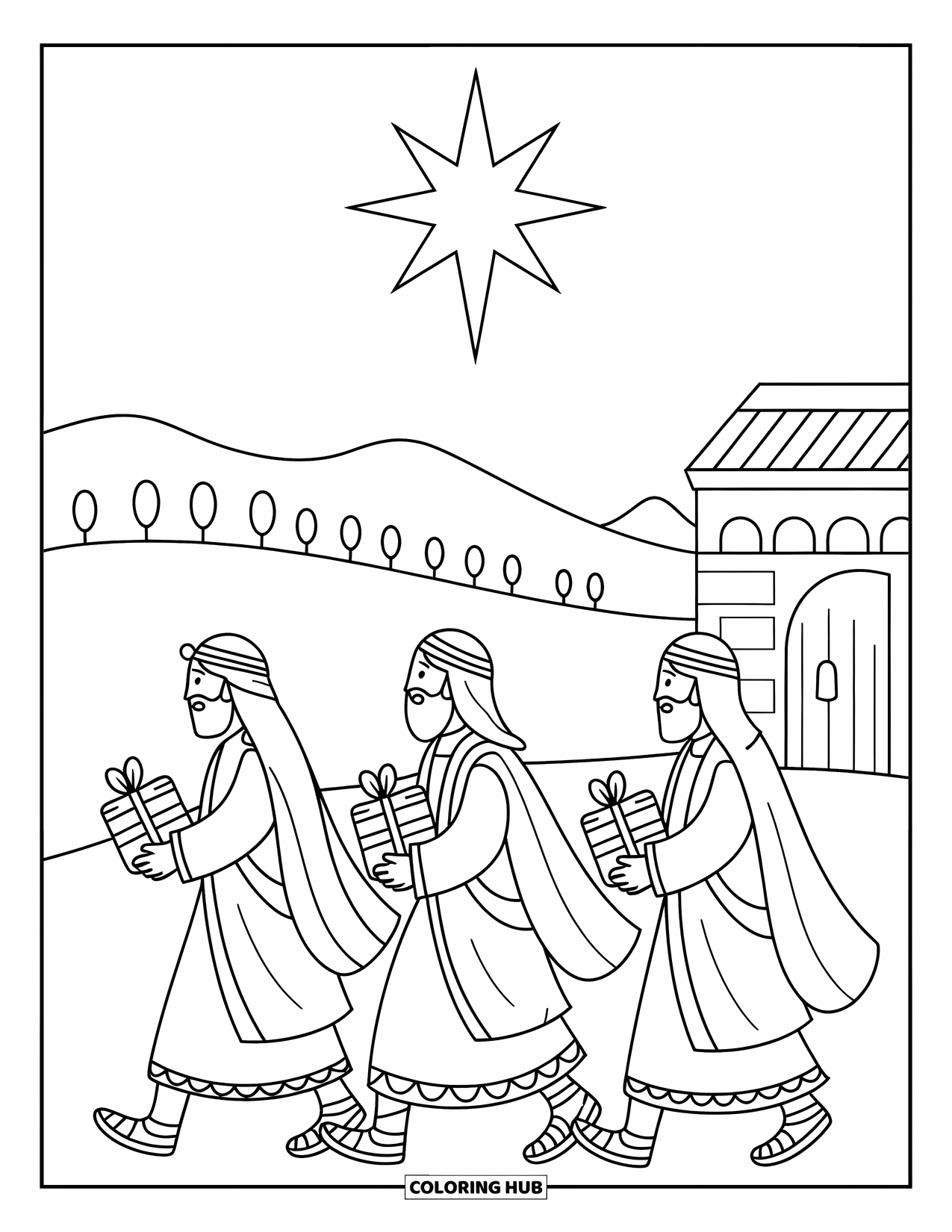 Nativity Coloring Page for Kids: Three wise men travel with gifts beneath a bright, guiding star