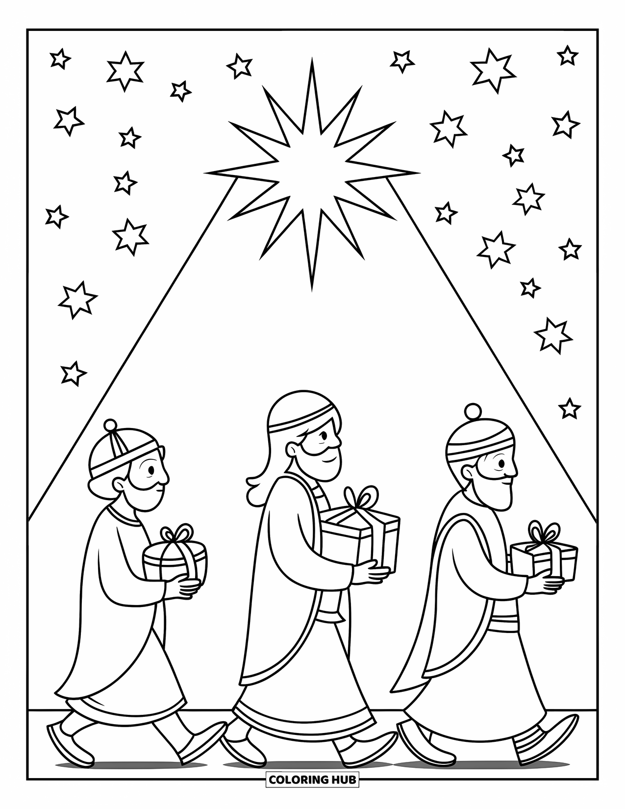 Nativity Coloring Page for Kids: Three wise men walk through the night guided by a shining star