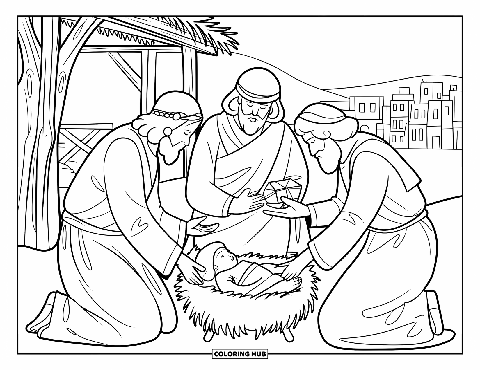 Nativity Coloring Page for Kids: Wise men kneel before baby Jesus offering gifts under a shining star