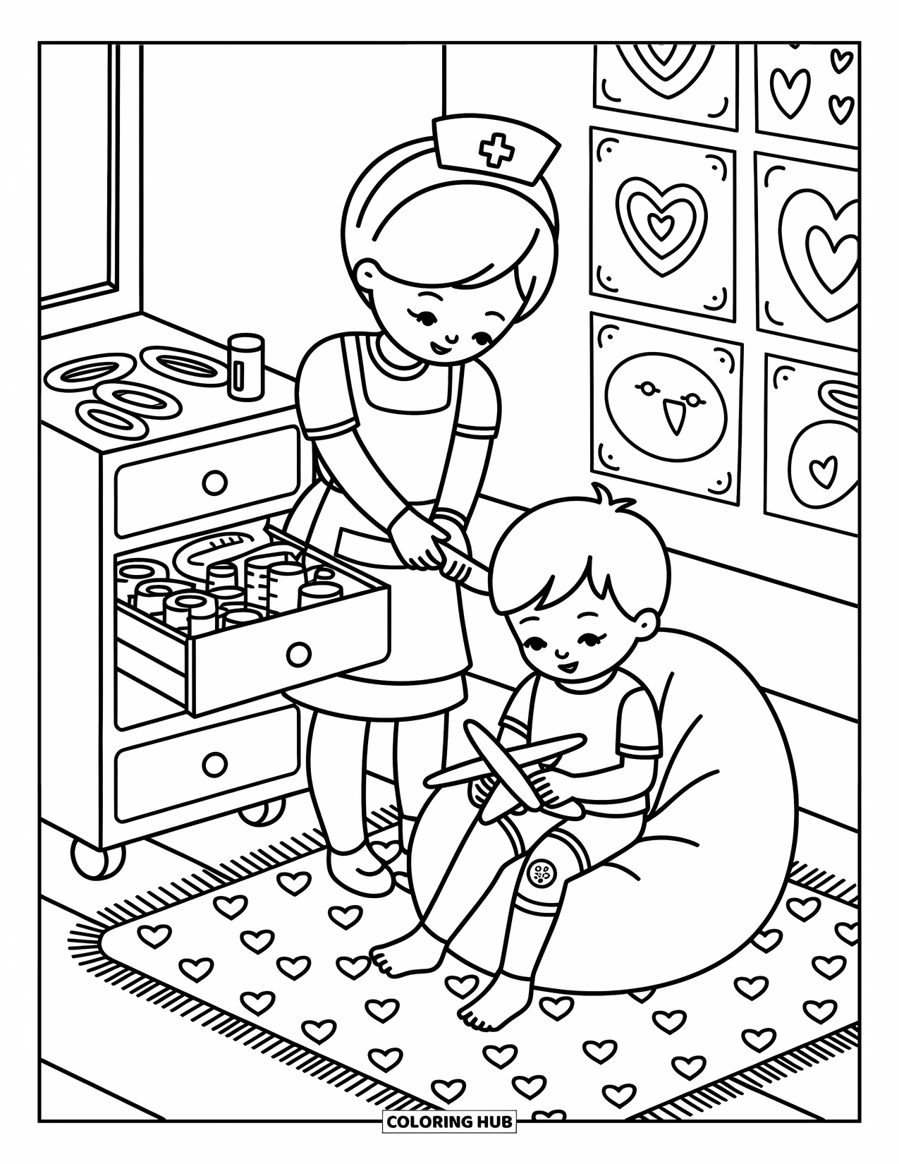 Nurse Coloring Page for Adults: A caring nurse puts a bandage on a child's knee in a cozy playroom