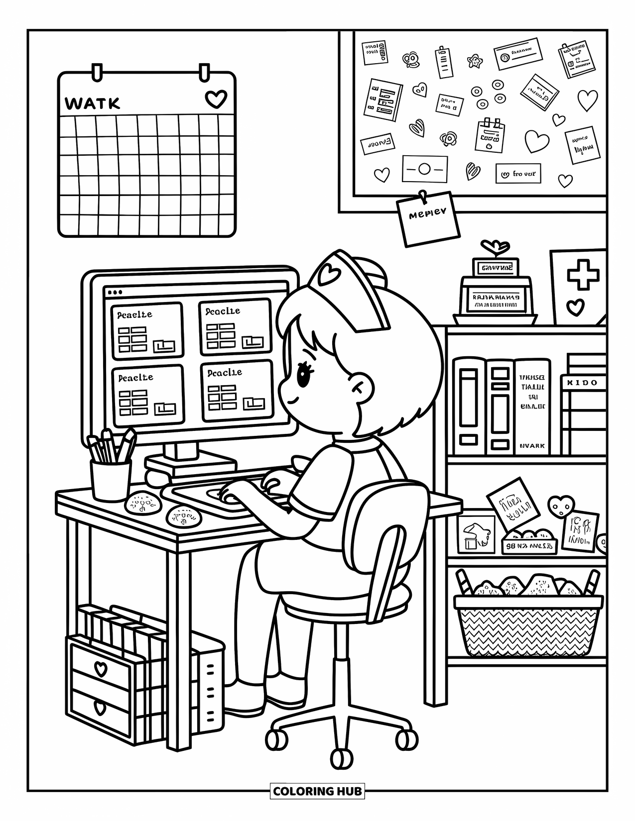 Nurse Coloring Page for Adults: A focused nurse studies charts at her tidy, heart-decorated workspace