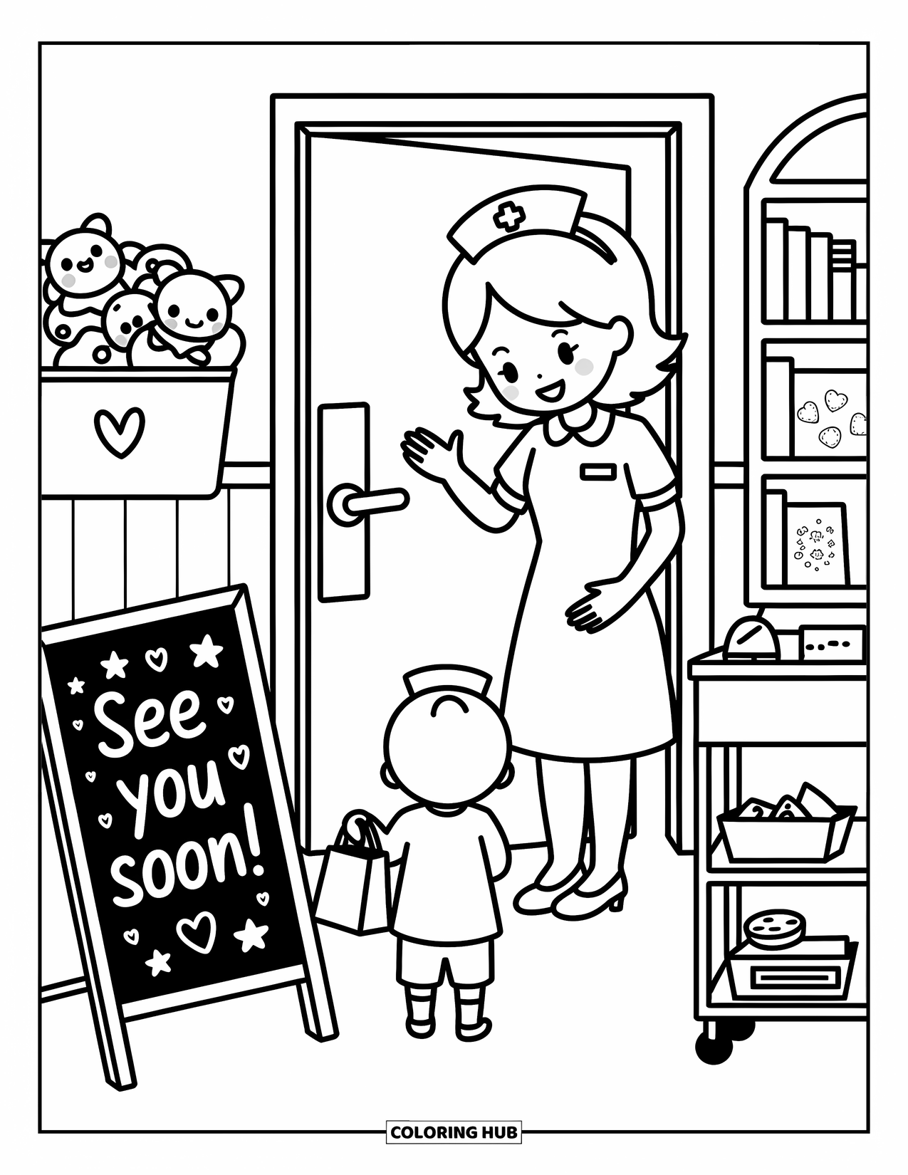 Nurse Coloring Page for Adults: A kind nurse waves goodbye to a child leaving the warm, happy clinic