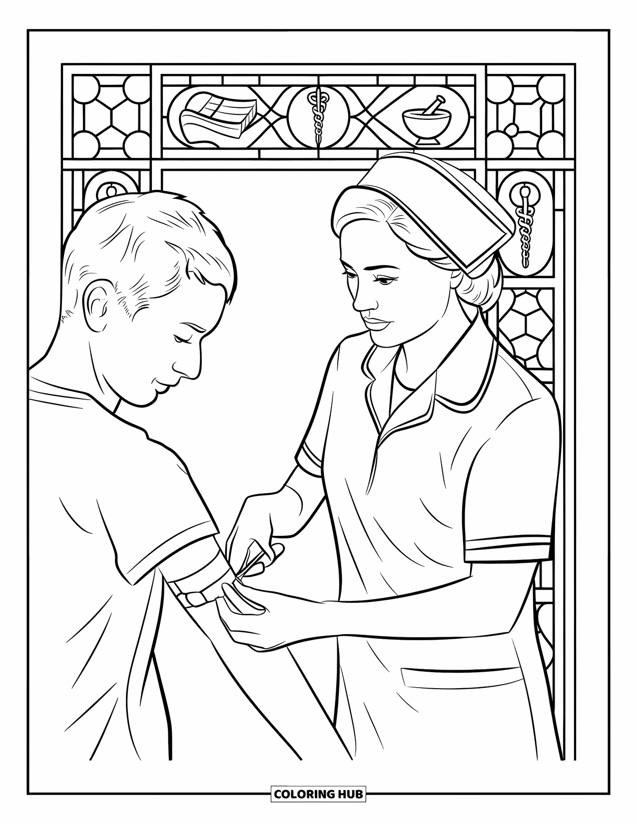 Nurse Coloring Page for Adults: A nurse cuts a bandage for a patient beside a stained glass border