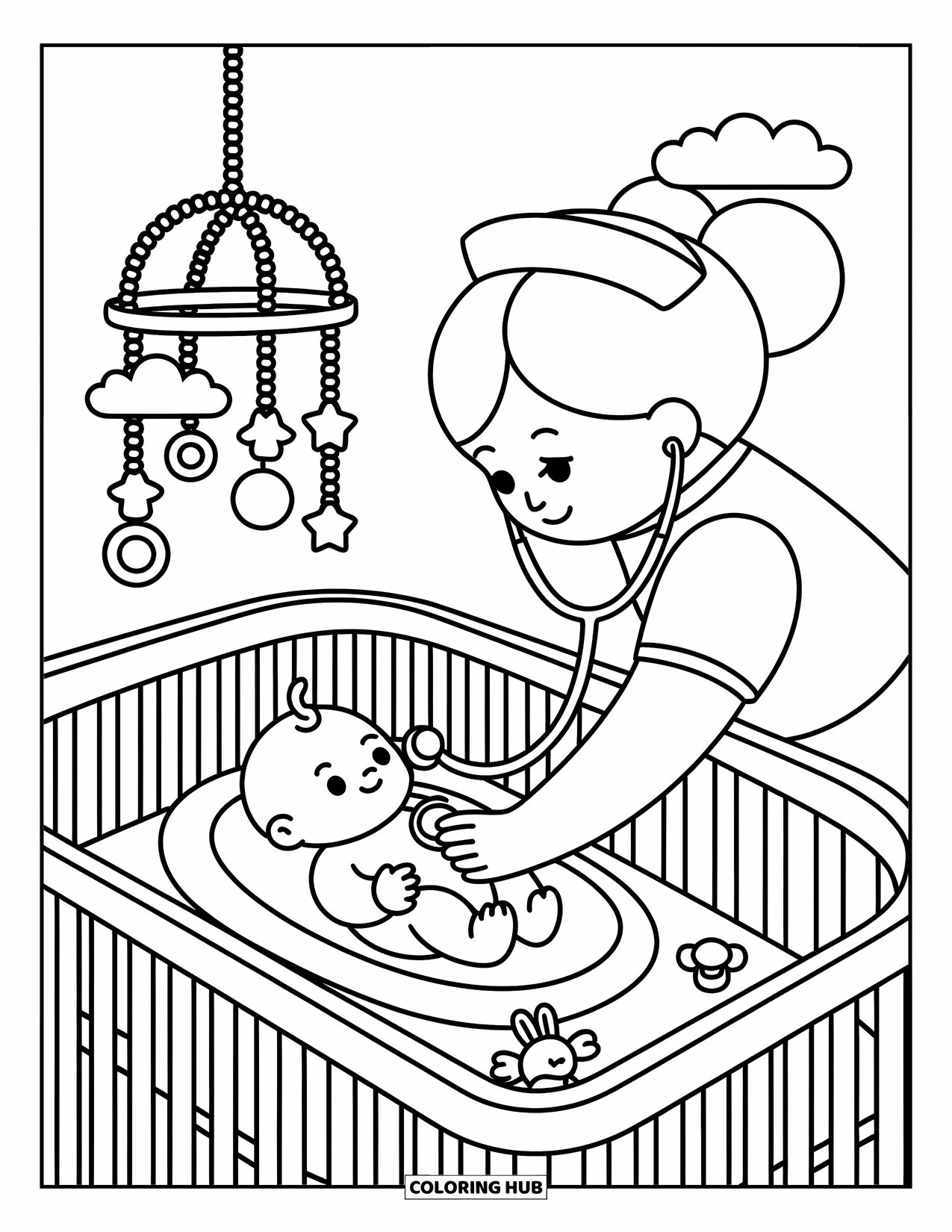Nurse Coloring Page for Adults: A nurse gently checks a baby's heartbeat as it sleeps with its toys