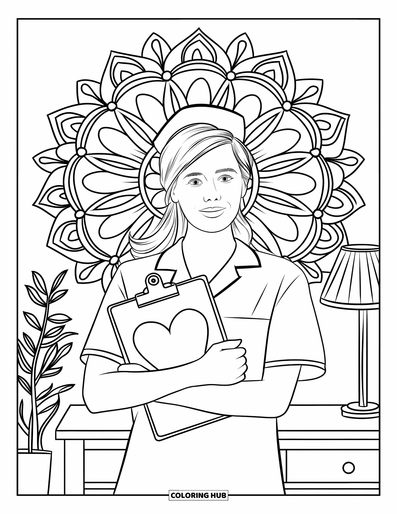 Nurse Coloring Page for Adults: A nurse holds a heart-shaped clipboard beside a wall of leafy designs