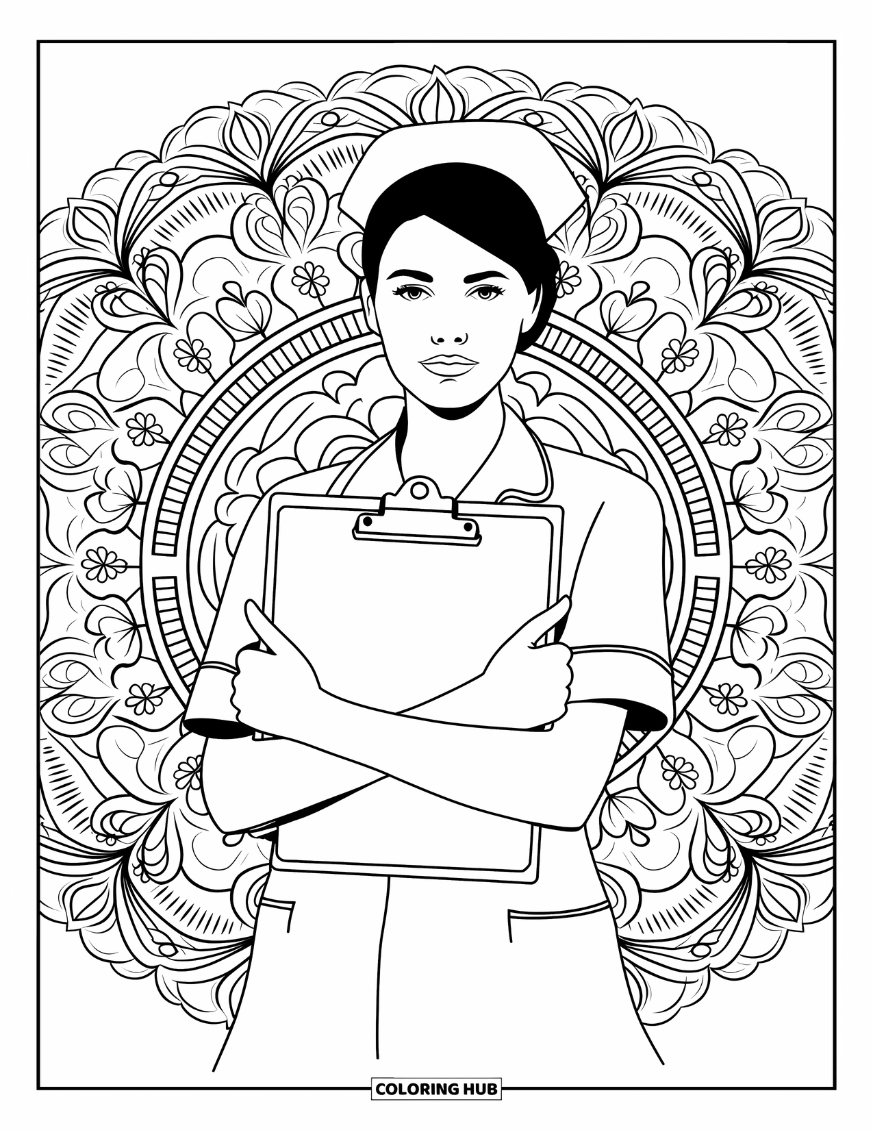 Nurse Coloring Page for Adults: A nurse holds a heart-shaped clipboard framed by floral patterns