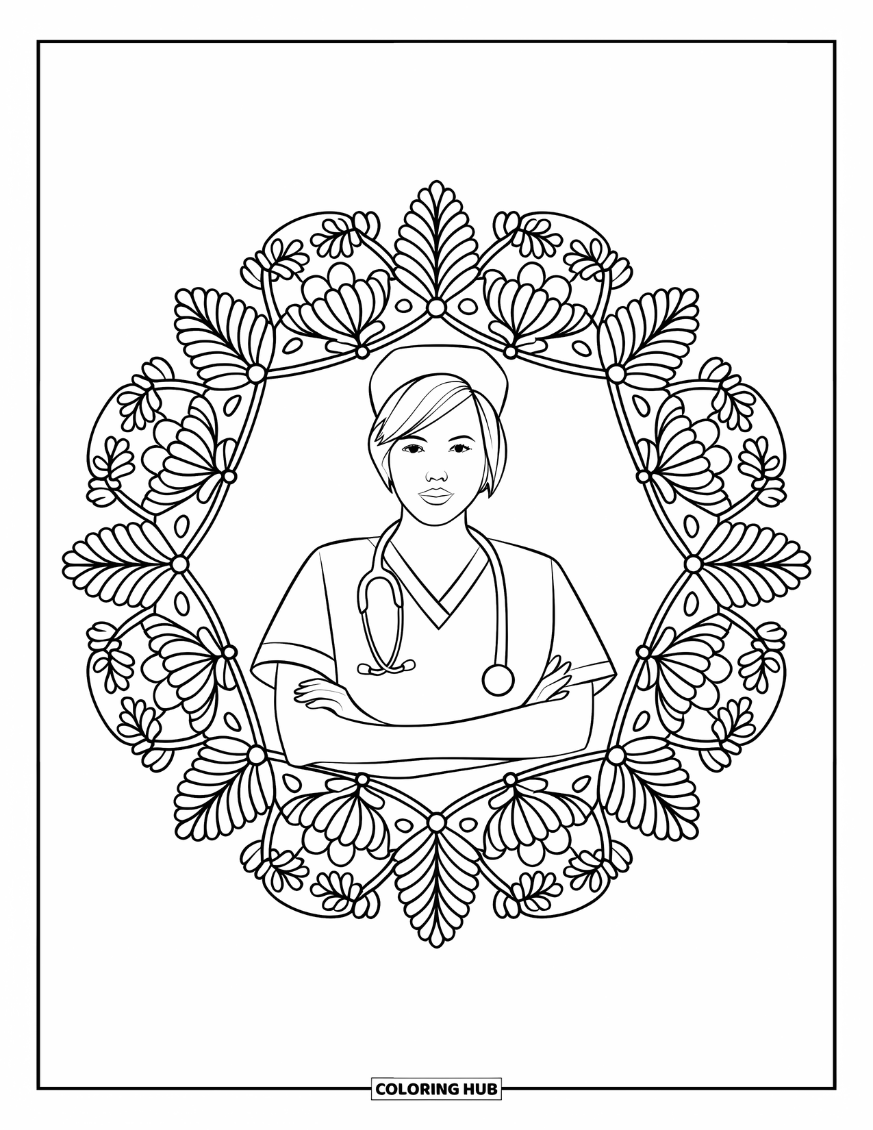 Nurse Coloring Page for Adults: A nurse in scrubs with a stethoscope stands in a floral mandala