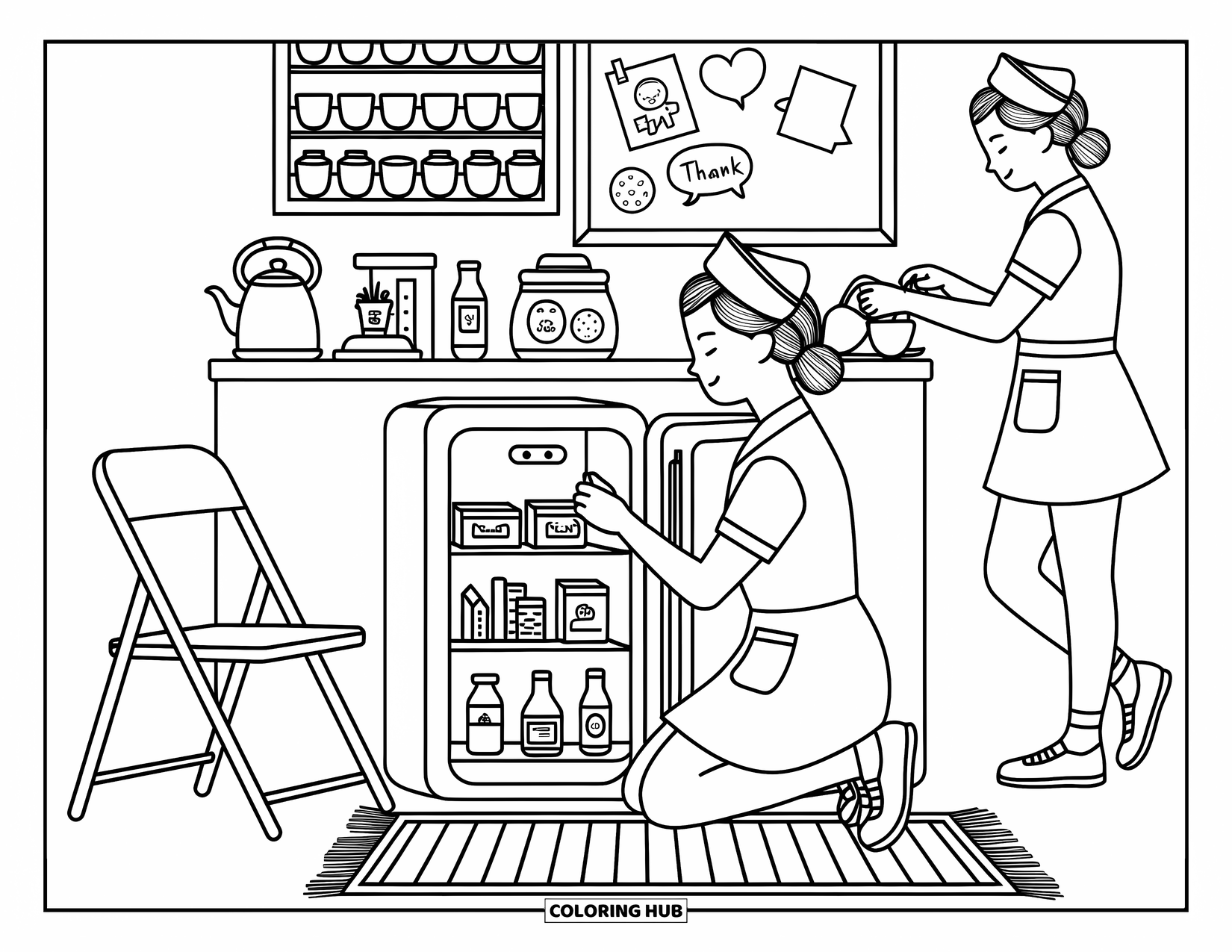 Nurse Coloring Page for Adults: A nurse kneels to stock snacks in a tiny fridge beside a cozy break area