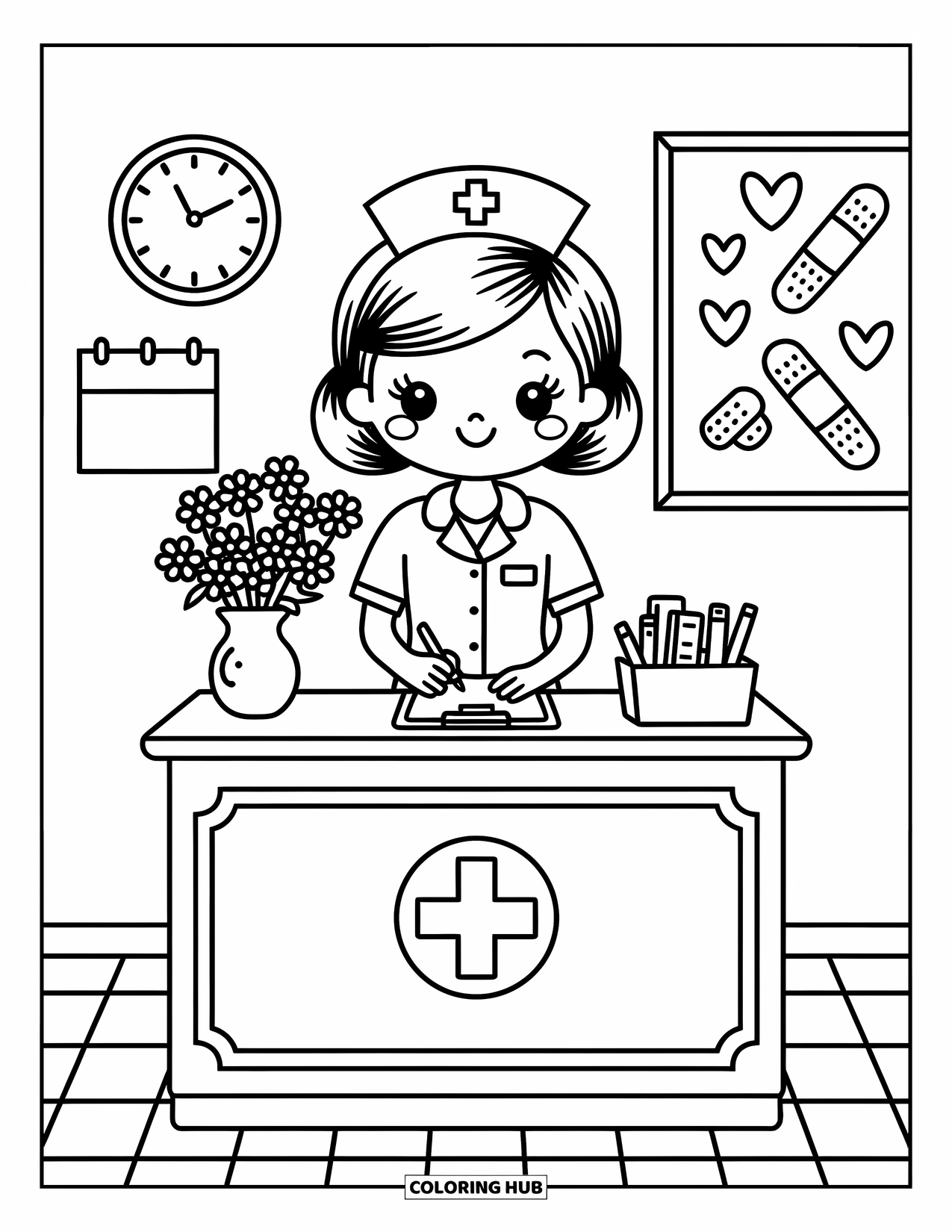 Nurse Coloring Page for Adults: A nurse stands at a tidy reception desk with flowers and cute decor