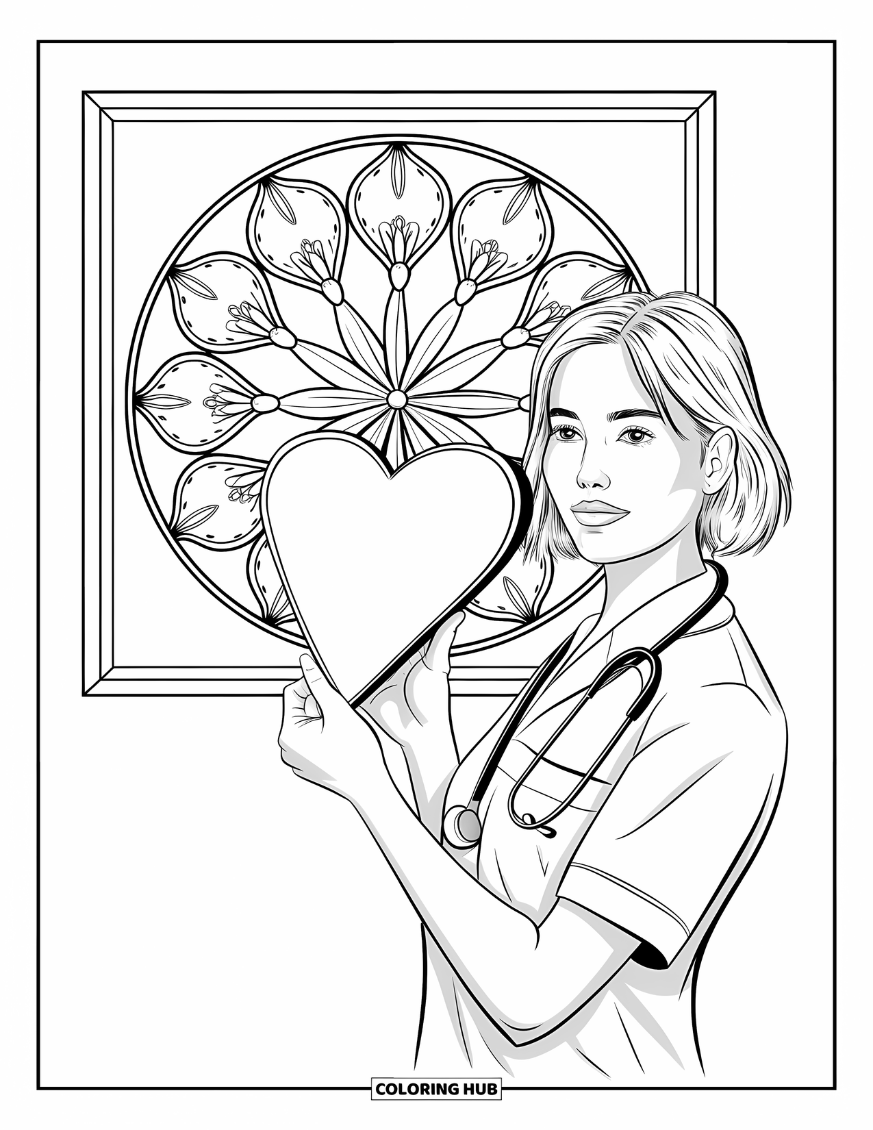 Nurse Coloring Page for Adults: A nurse stands with a heart-shaped clipboard in front of a floral wall