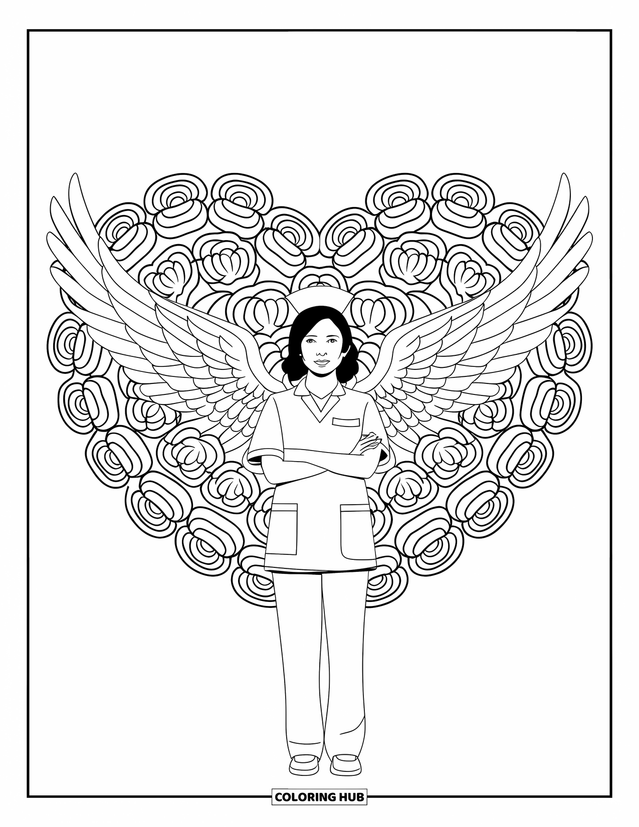 Nurse Coloring Page for Adults: A nurse with angel wings stands peacefully in a heart-shaped floral frame