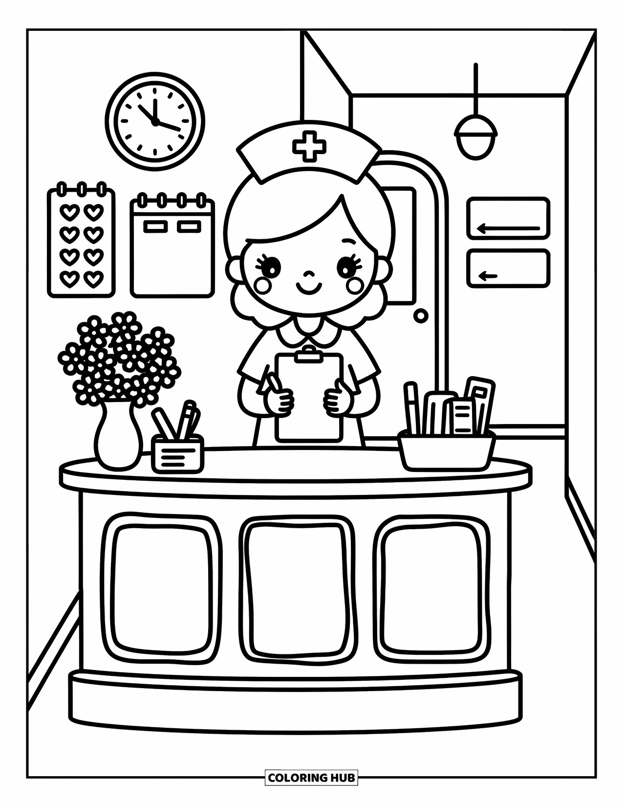 Nurse Coloring Page for Adults: A smiling nurse greets visitors behind a cozy, flower-filled front desk