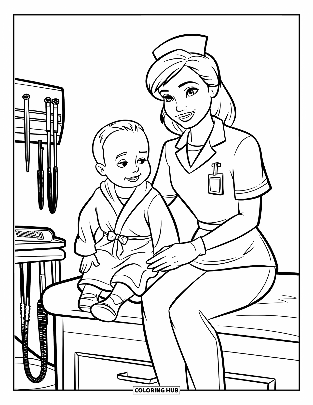 Nurse Coloring Page for Kids: A caring nurse chats with a smiling child in the clinic room