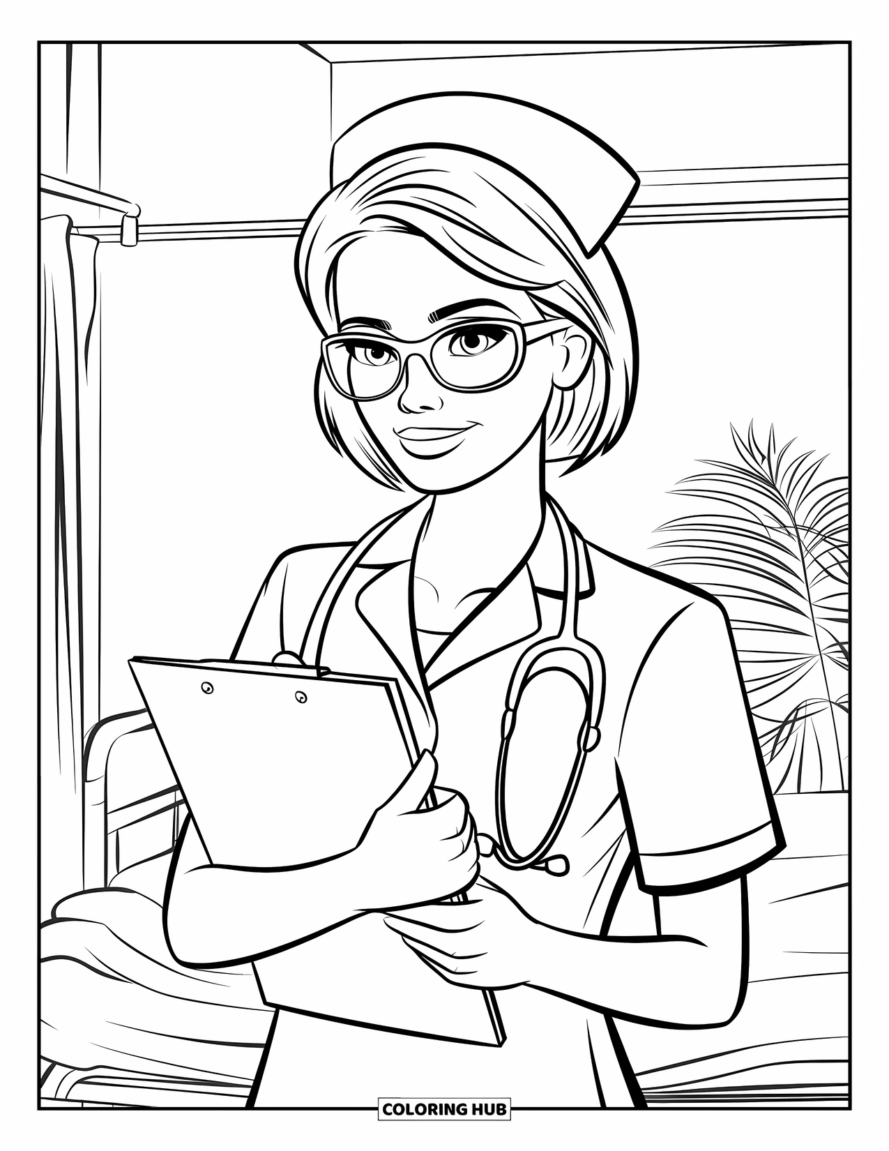 Nurse Coloring Page for Kids: A caring nurse holds her clipboard, ready to help her next patient