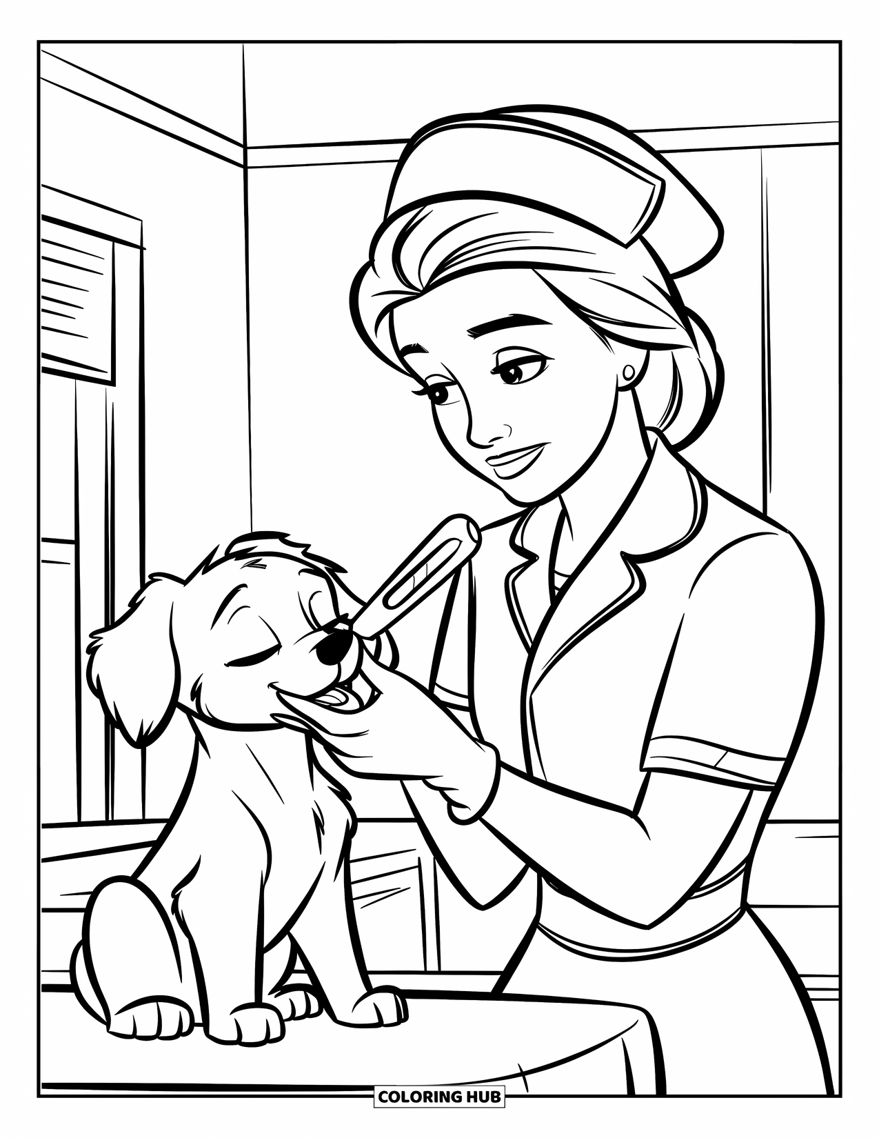 Nurse Coloring Page for Kids: A caring nurse takes a puppy's temperature with gentle care