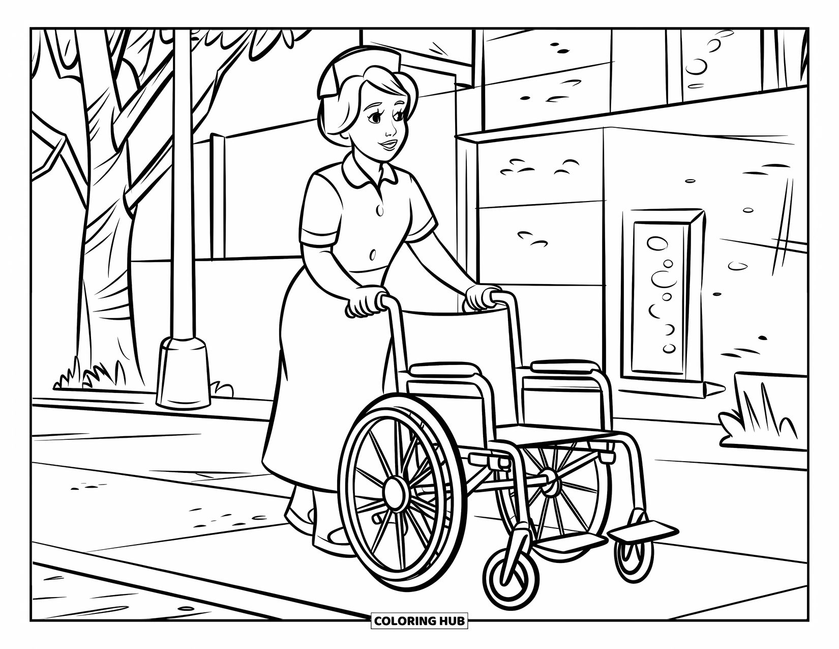 Nurse Coloring Page for Kids: A cheerful nurse pushes a wheelchair along a sunny sidewalk