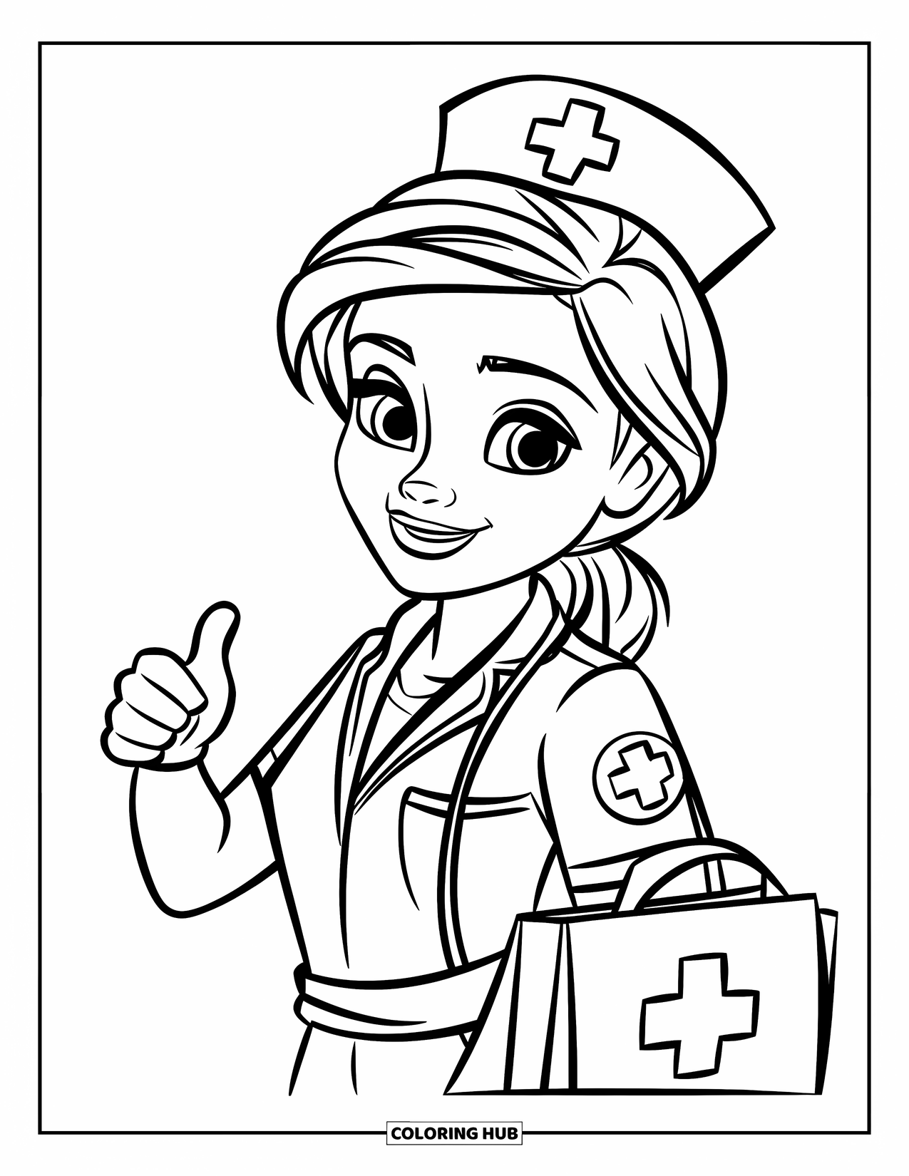 Nurse Coloring Page for Kids: A cheerful nurse smiles and gives a thumbs up for her great work
