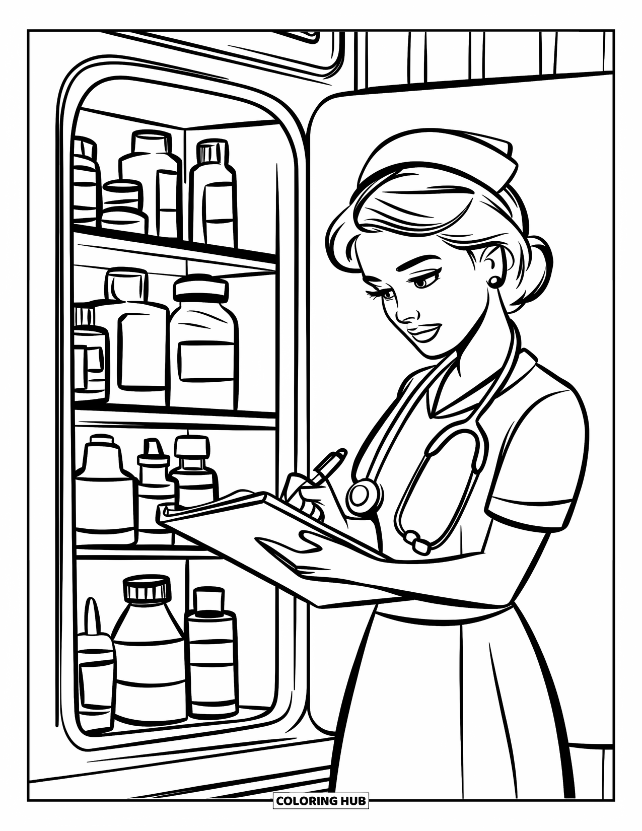 Nurse Coloring Page for Kids: A focused nurse writes notes beside a cabinet full of medicine bottles