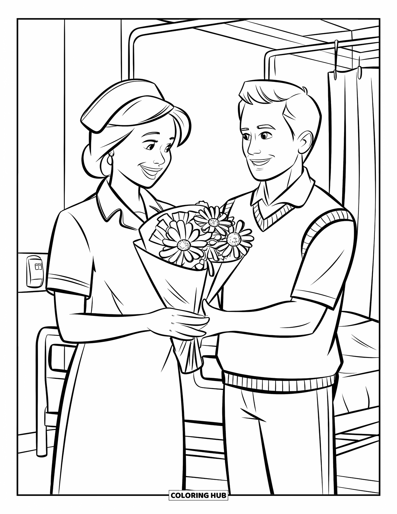 Nurse Coloring Page for Kids: A happy nurse receives flowers from a thankful hospital patient