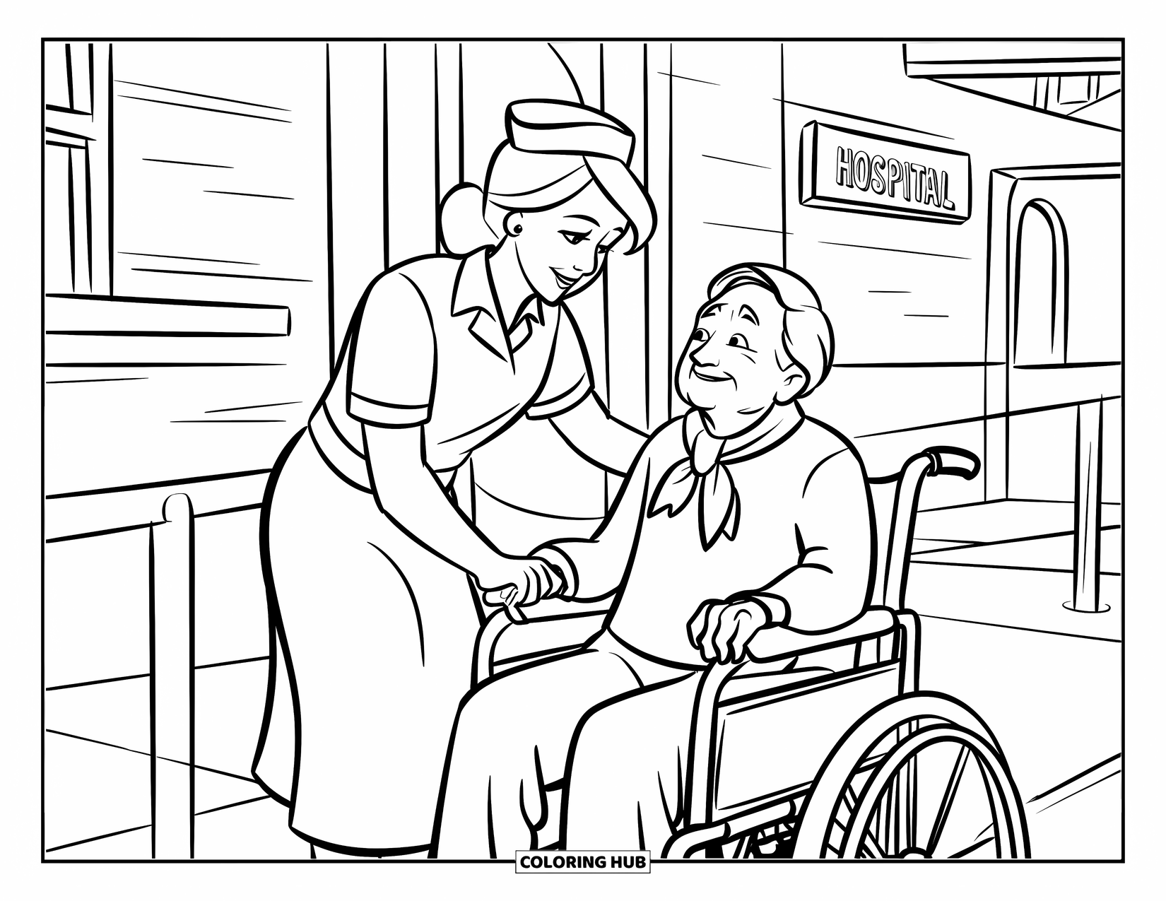 Nurse Coloring Page for Kids: A helpful nurse assists an elderly patient into a wheelchair