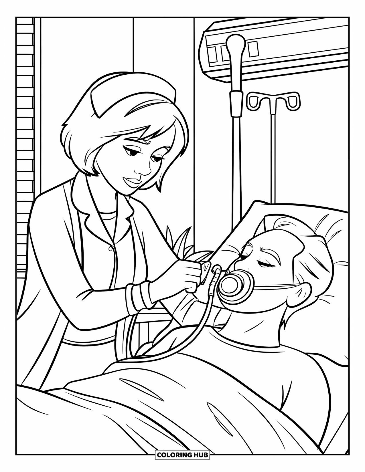 Nurse Coloring Page for Kids: A kind nurse helps a resting patient with their oxygen mask