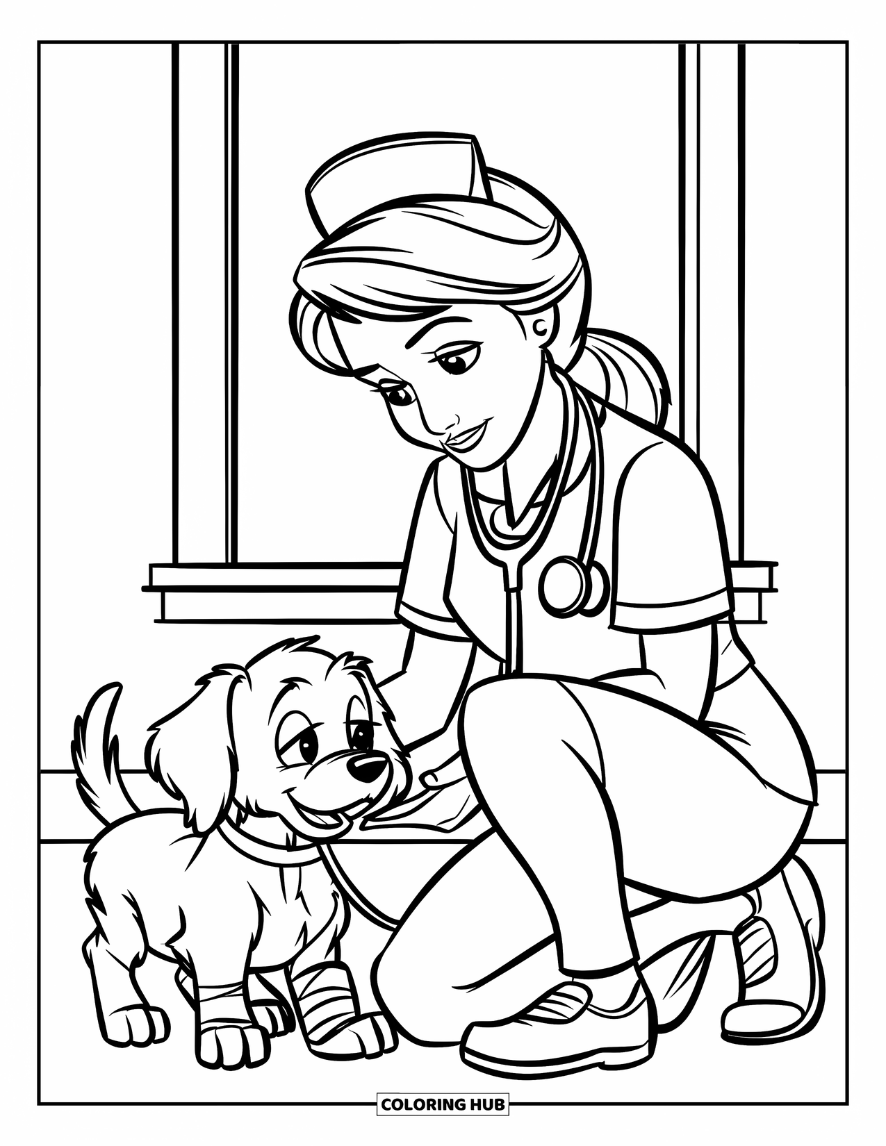 Nurse Coloring Page for Kids: A kind nurse kneels to comfort a puppy with a bandaged paw