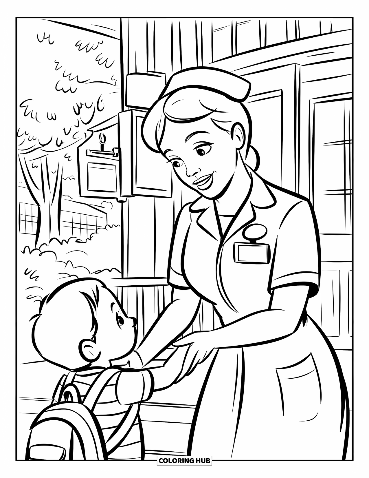 Nurse Coloring Page for Kids: A kind nurse welcomes a child with a warm smile at the hospital door