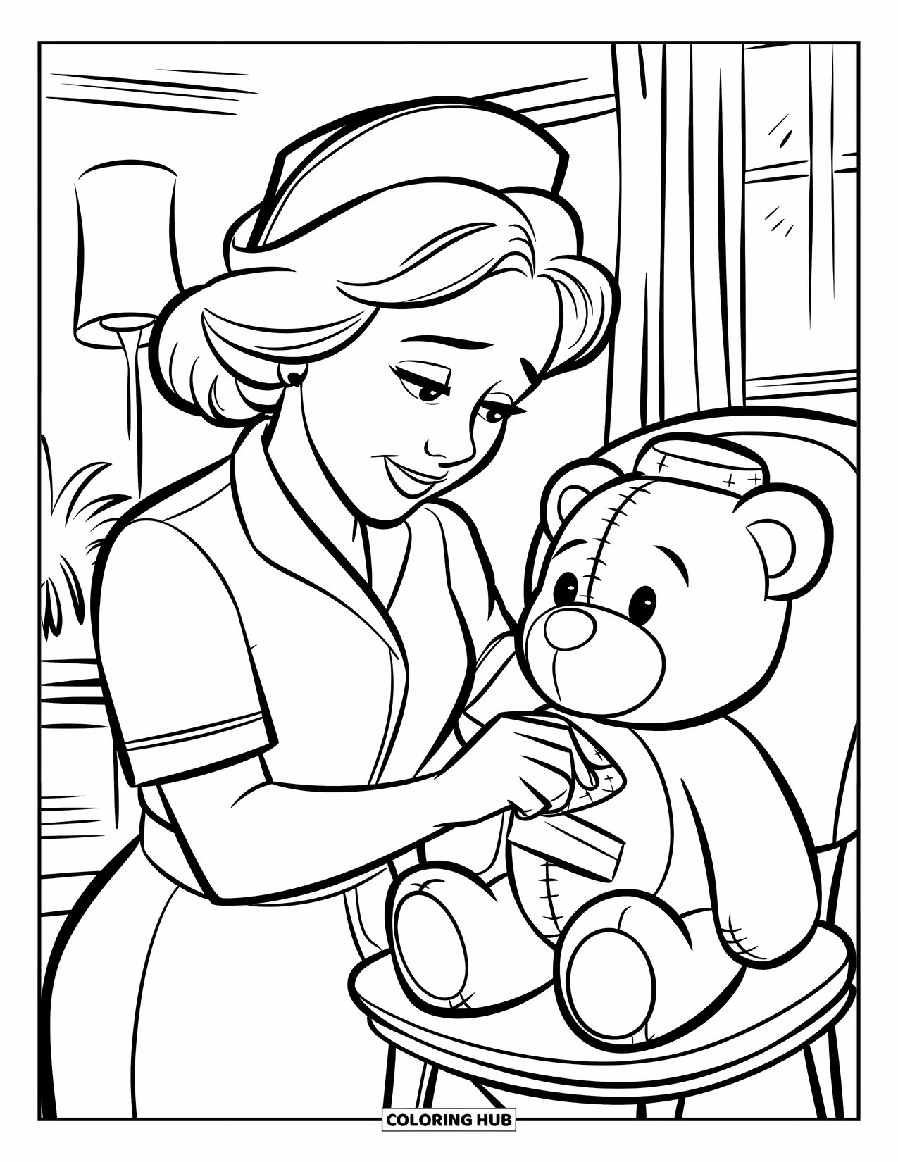 Nurse Coloring Page for Kids: A nurse carefully puts a bandage on a teddy bear's paw