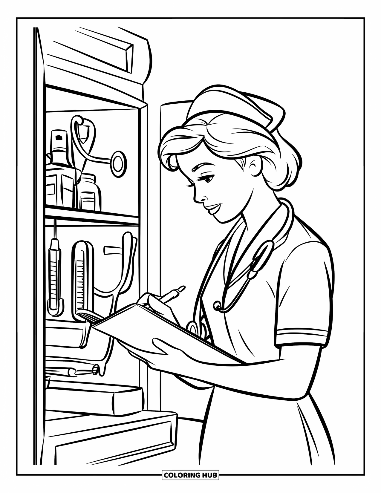 Nurse Coloring Page for Kids: A nurse carefully writes in her logbook beside the medicine cabinet