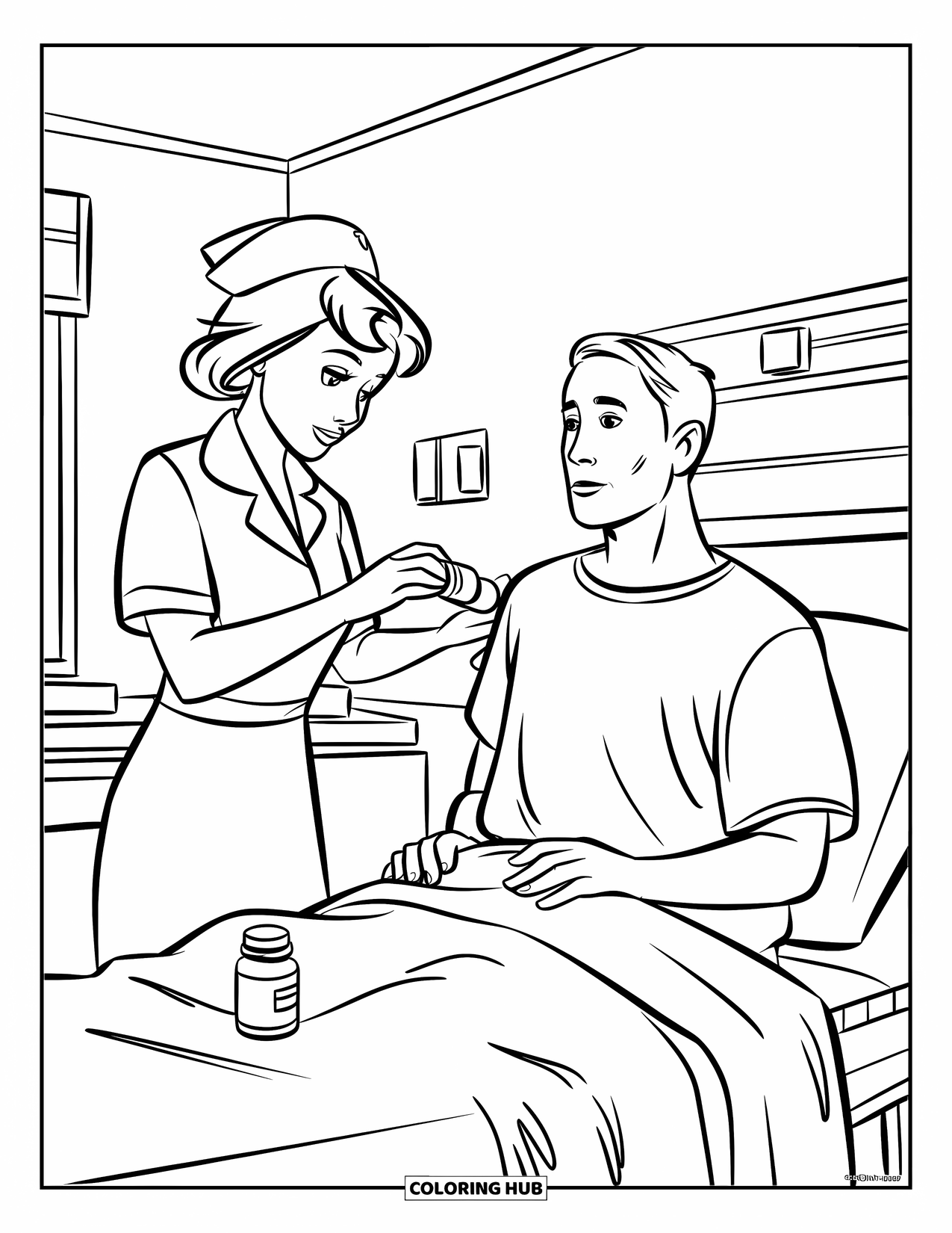 Nurse Coloring Page for Kids: A nurse gives medicine to a resting patient in a cozy hospital room