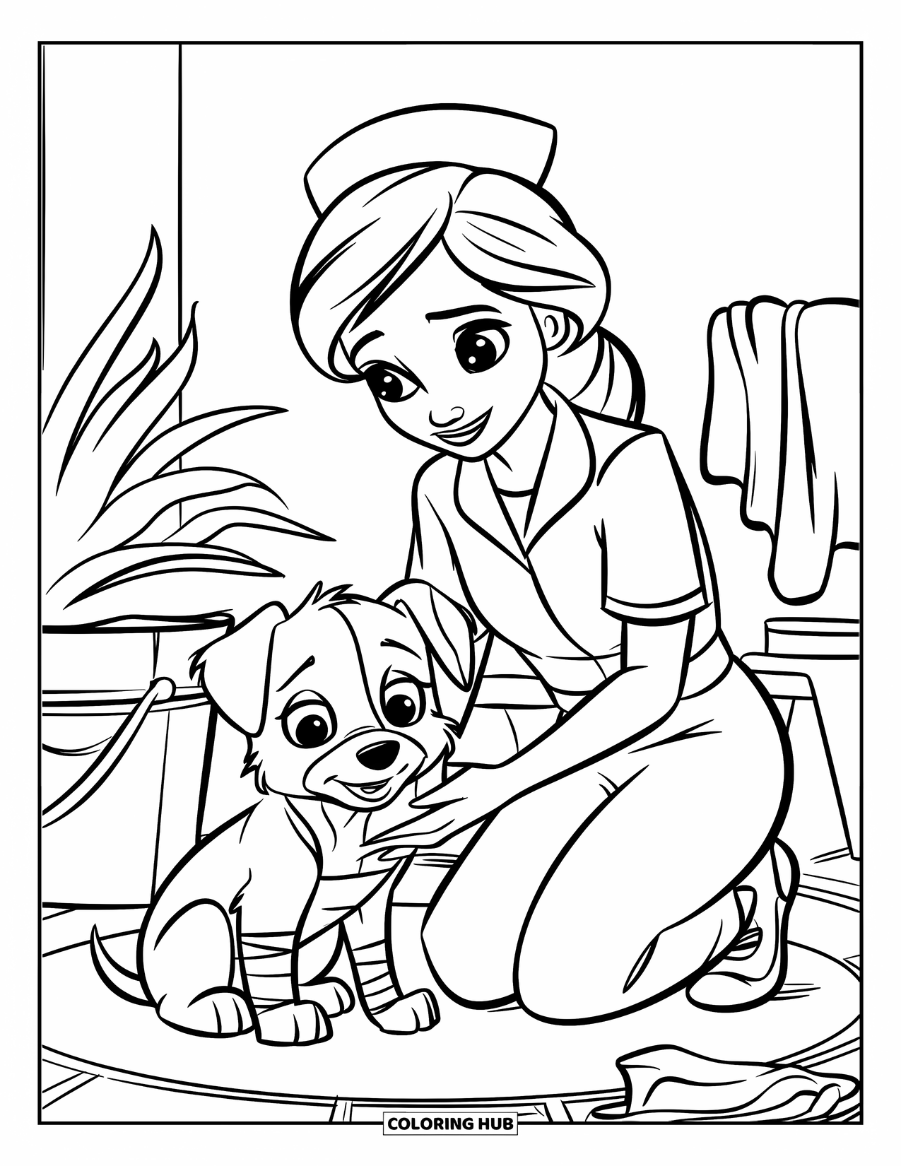 Nurse Coloring Page for Kids: A nurse soothes a small puppy while checking its paw bandage