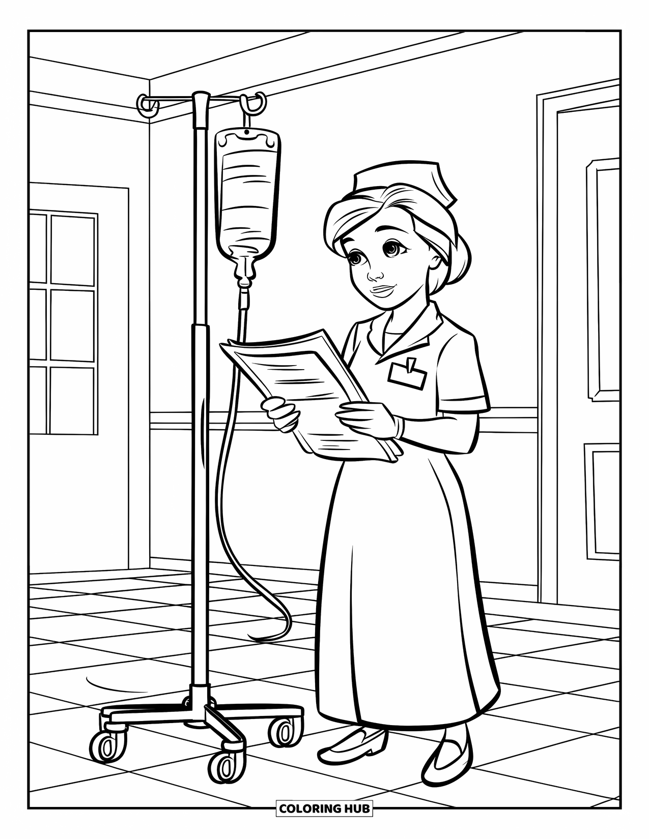 Nurse Coloring Page for Kids: A nurse stands beside an IV stand, checking her patient's chart