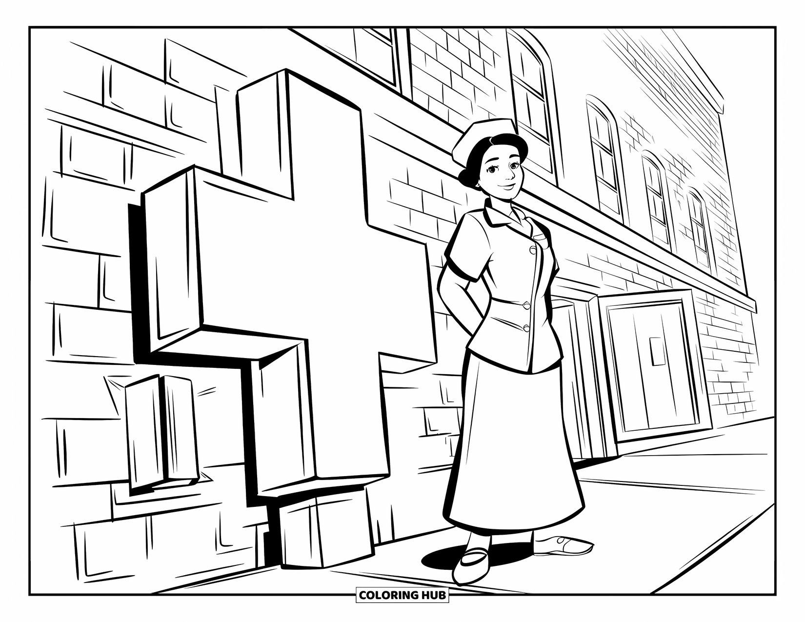 Nurse Coloring Page for Kids: A nurse stands happily next to the tall hospital with a cross sign