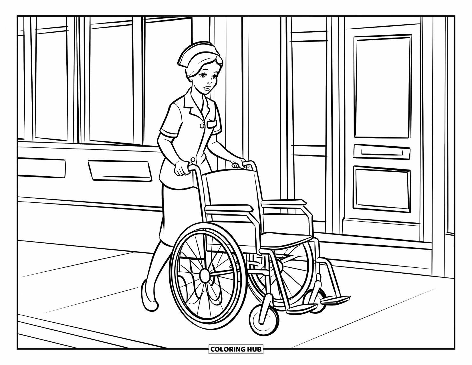 Nurse Coloring Page for Kids: A nurse walks with an empty wheelchair past a peaceful hospital