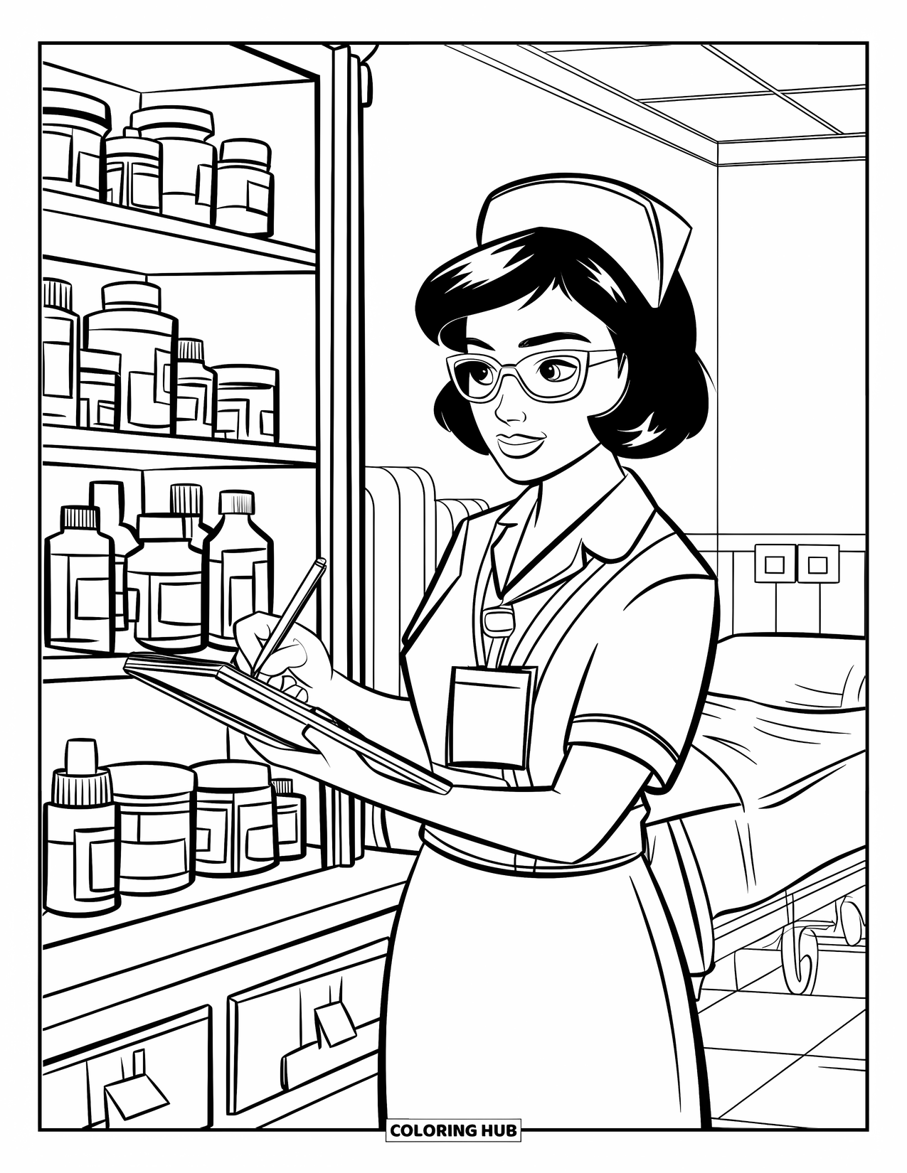 Nurse Coloring Page for Kids: A nurse with glasses takes notes beside shelves of medical supplies