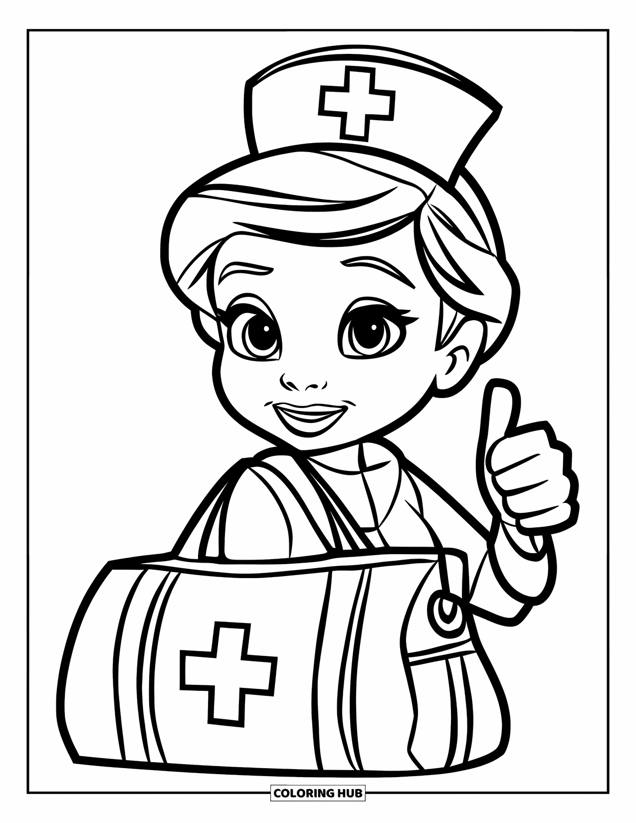 Nurse Coloring Page for Kids: A proud nurse gives a thumbs up beside her bag with a cross