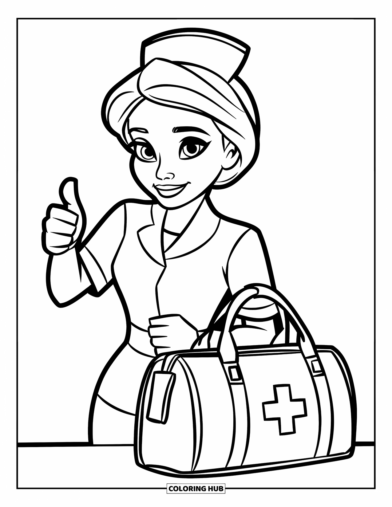 Nurse Coloring Page for Kids: A smiling nurse gives a thumbs up beside her medical bag