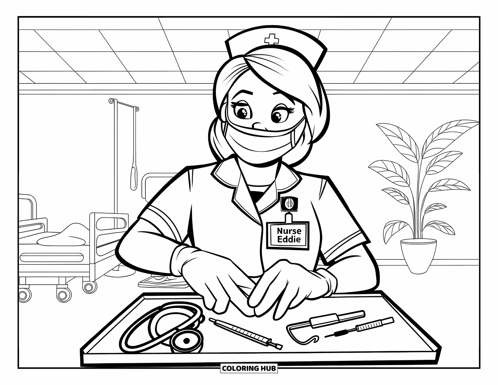 Nurse Coloring Page for Kids: A smiling nurse prepares tools neatly on her tray for her patients