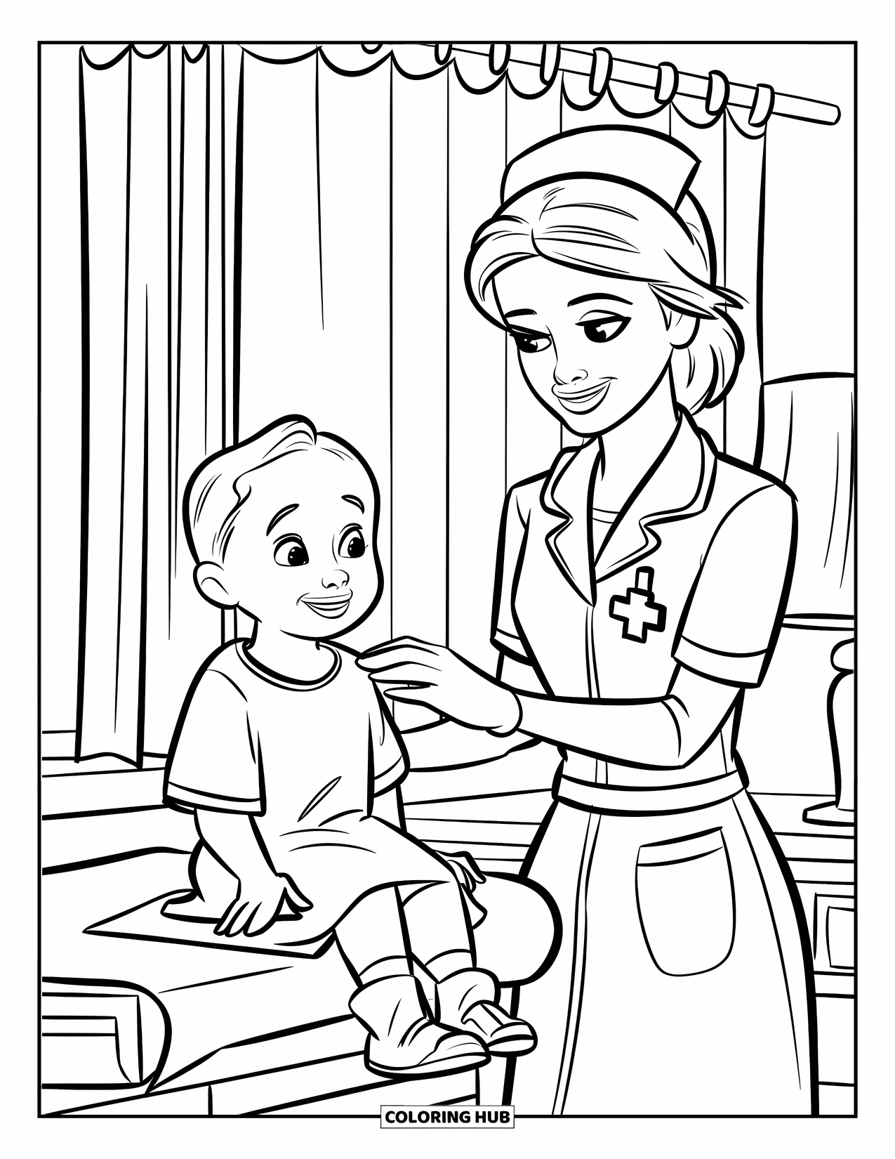 Nurse Coloring Page for Kids: A sweet nurse and a happy child share smiles during a checkup