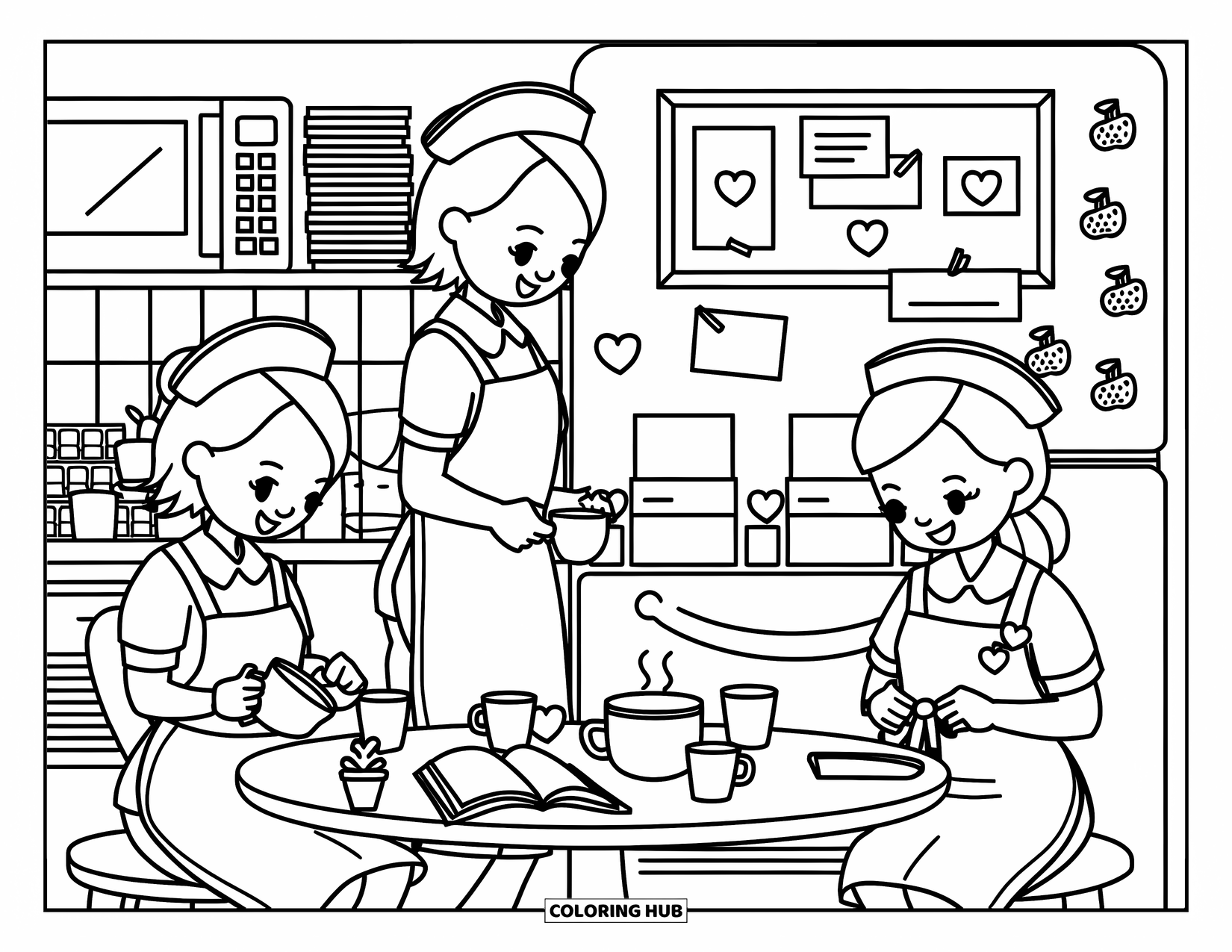 Nurse Coloring Page for Kids: Friendly nurses chat, sip tea, and share warmth in a sunny break room