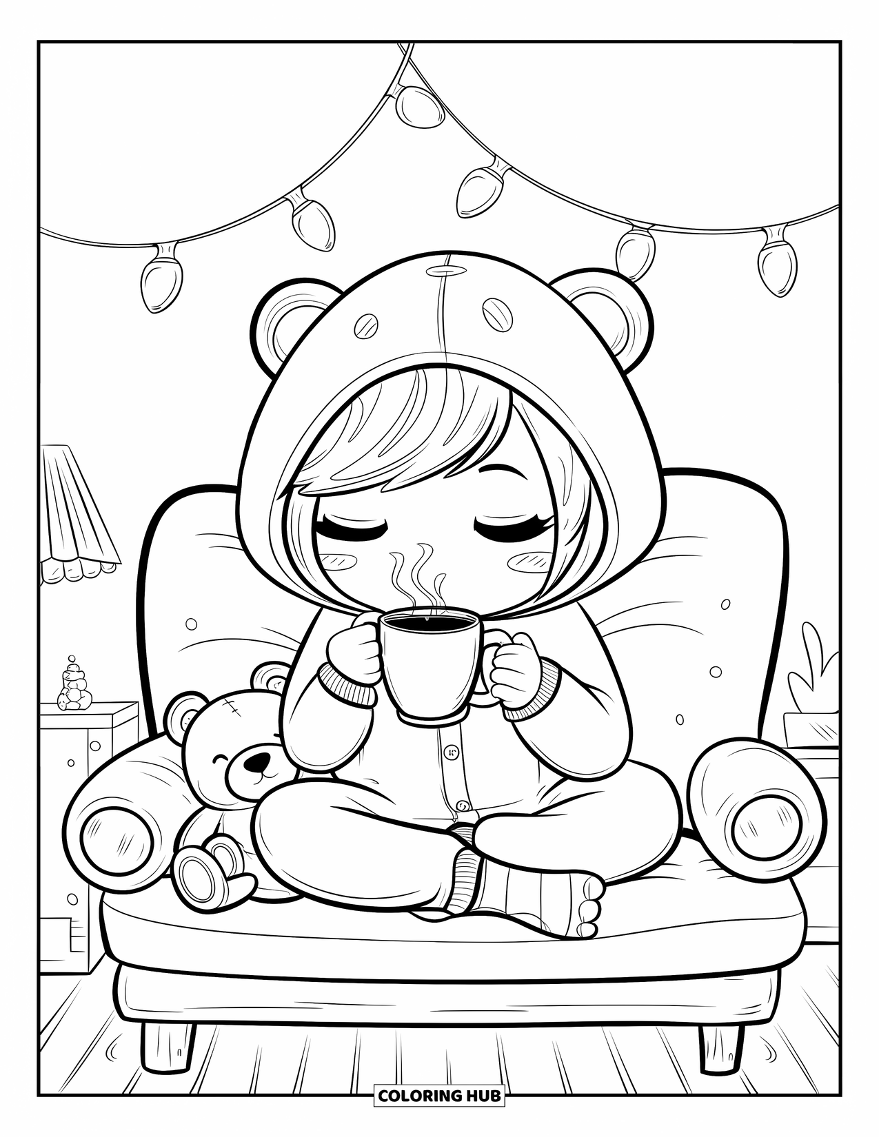 Pajama Coloring Page for Adults: Child relaxing with a mug and teddy bear under fairy lights