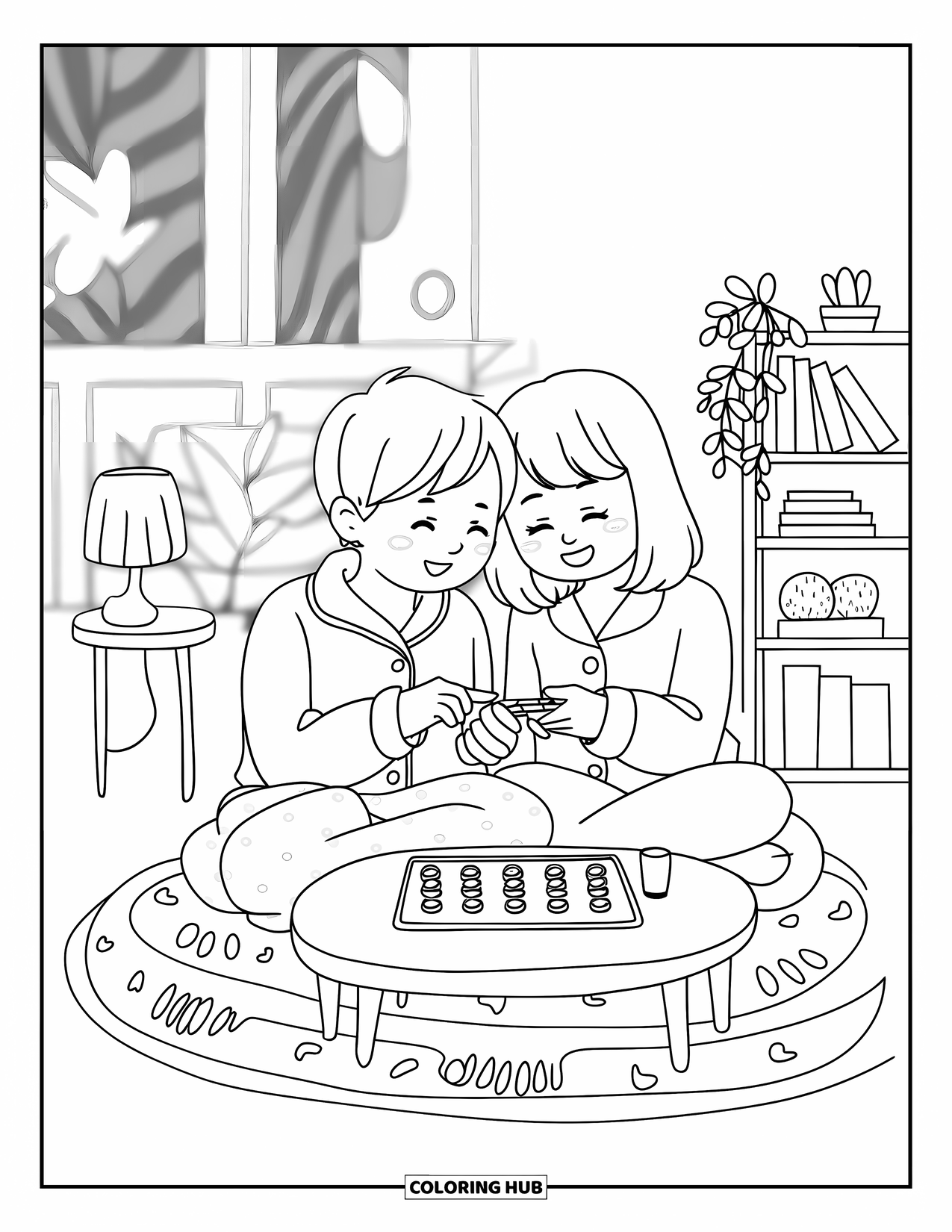 Pajama Coloring Page for Adults: Couple enjoying a calm board game in a cozy room