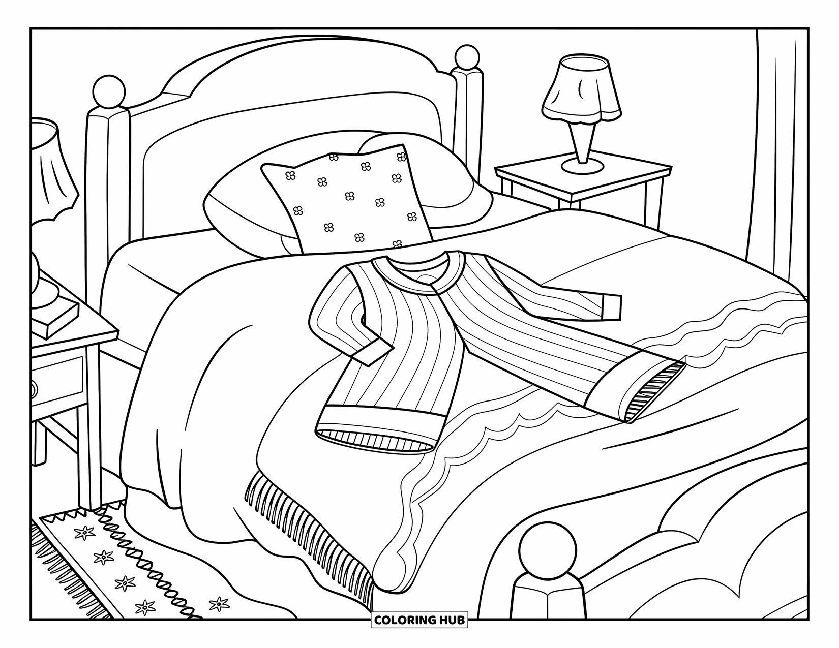 Pajama Coloring Page for Adults: Cozy bed with blankets and pajamas in a warm bedroom